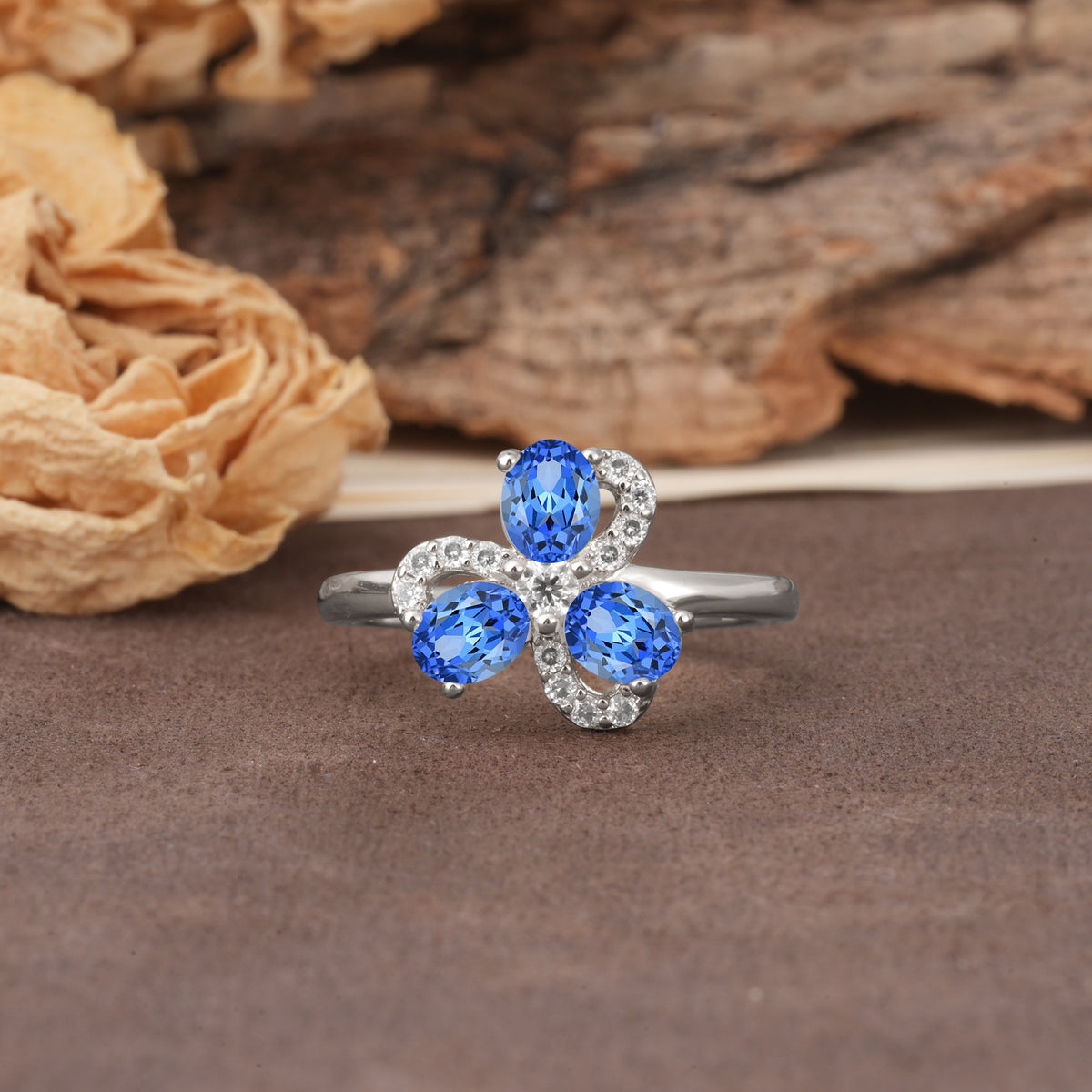 Unique Windmill-Flower Shape, 2-Prong Oval Cut Sapphire Wedding Ring - Additional view