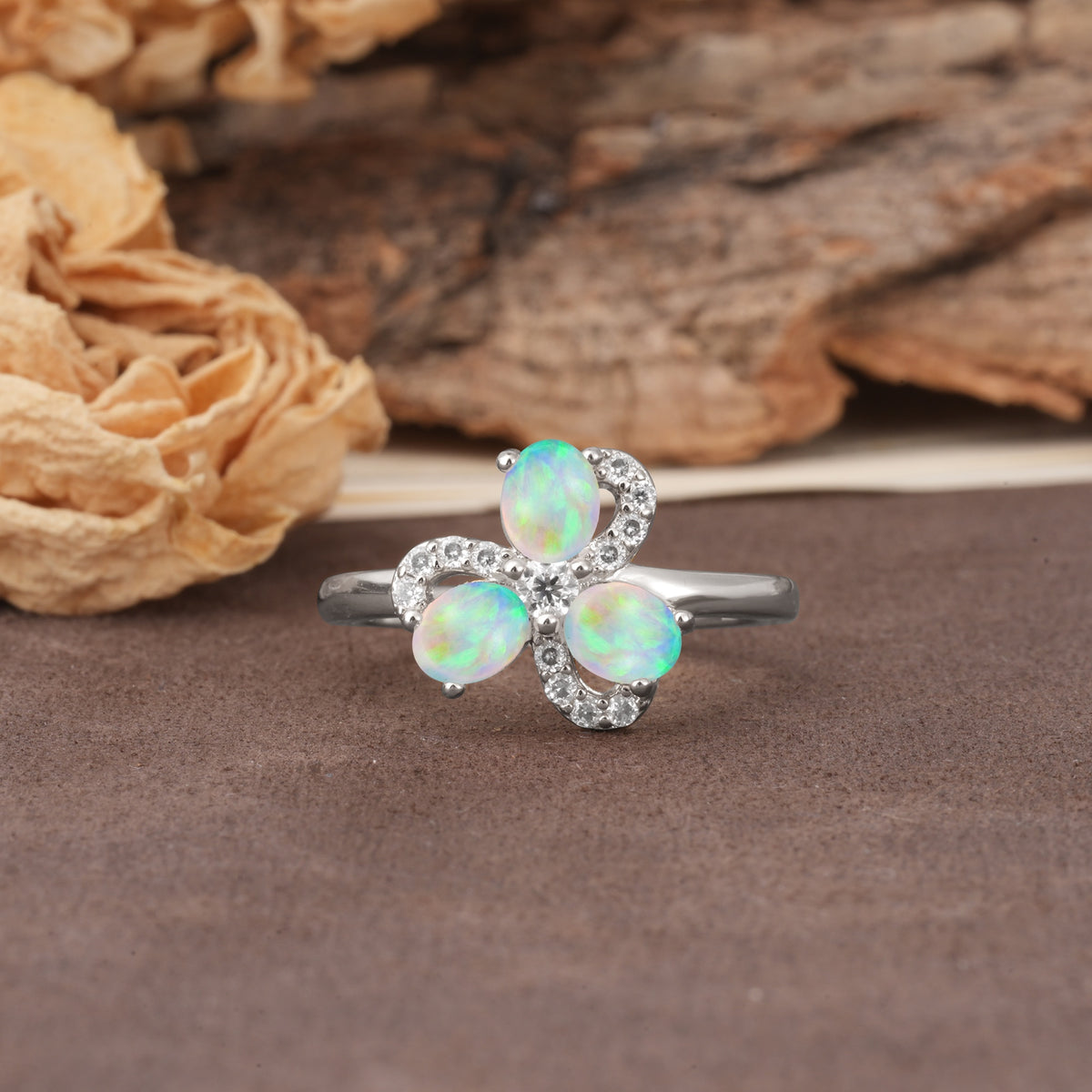 Unique Windmill-Flower Shape, 2-Prong Oval Cut Fire Opal Wedding Ring - Additional view