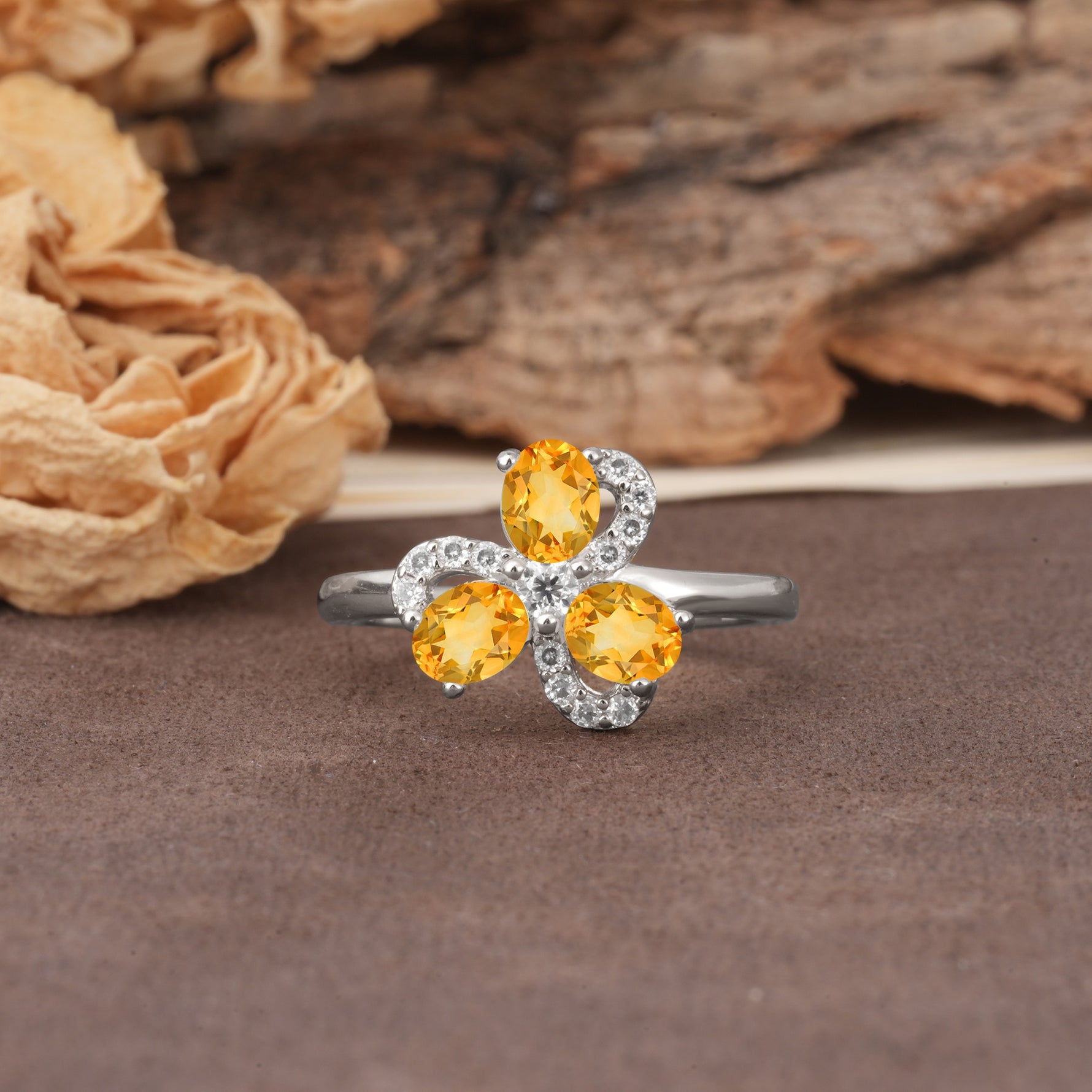 Unique Windmill-Flower Shape, 2-Prong Oval Cut Citrine Wedding Ring - Additional view
