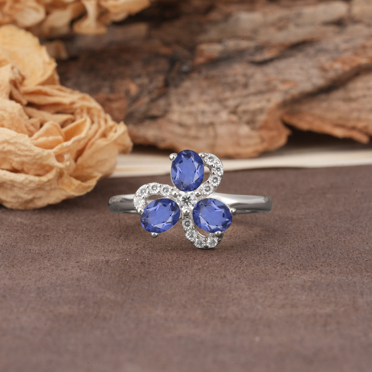 Unique Windmill-Flower Shape, 2-Prong Oval Cut Tanzanite Wedding Ring - Additional view