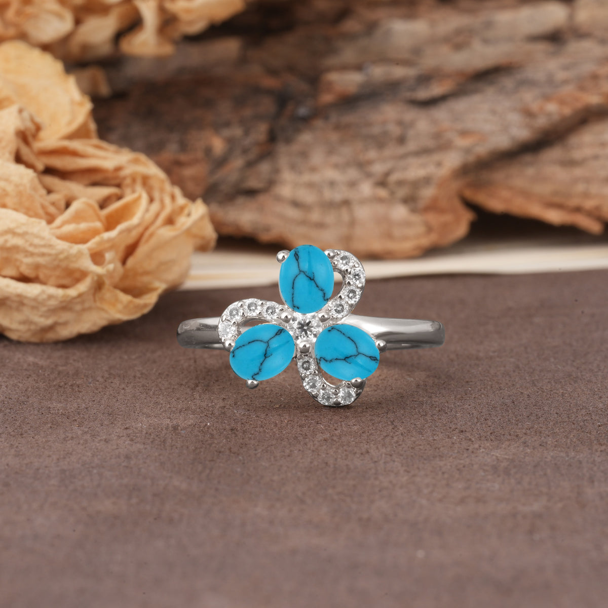 Unique Windmill-Flower Shape, 2-Prong Oval Cut Turquoise Wedding Ring - Additional view