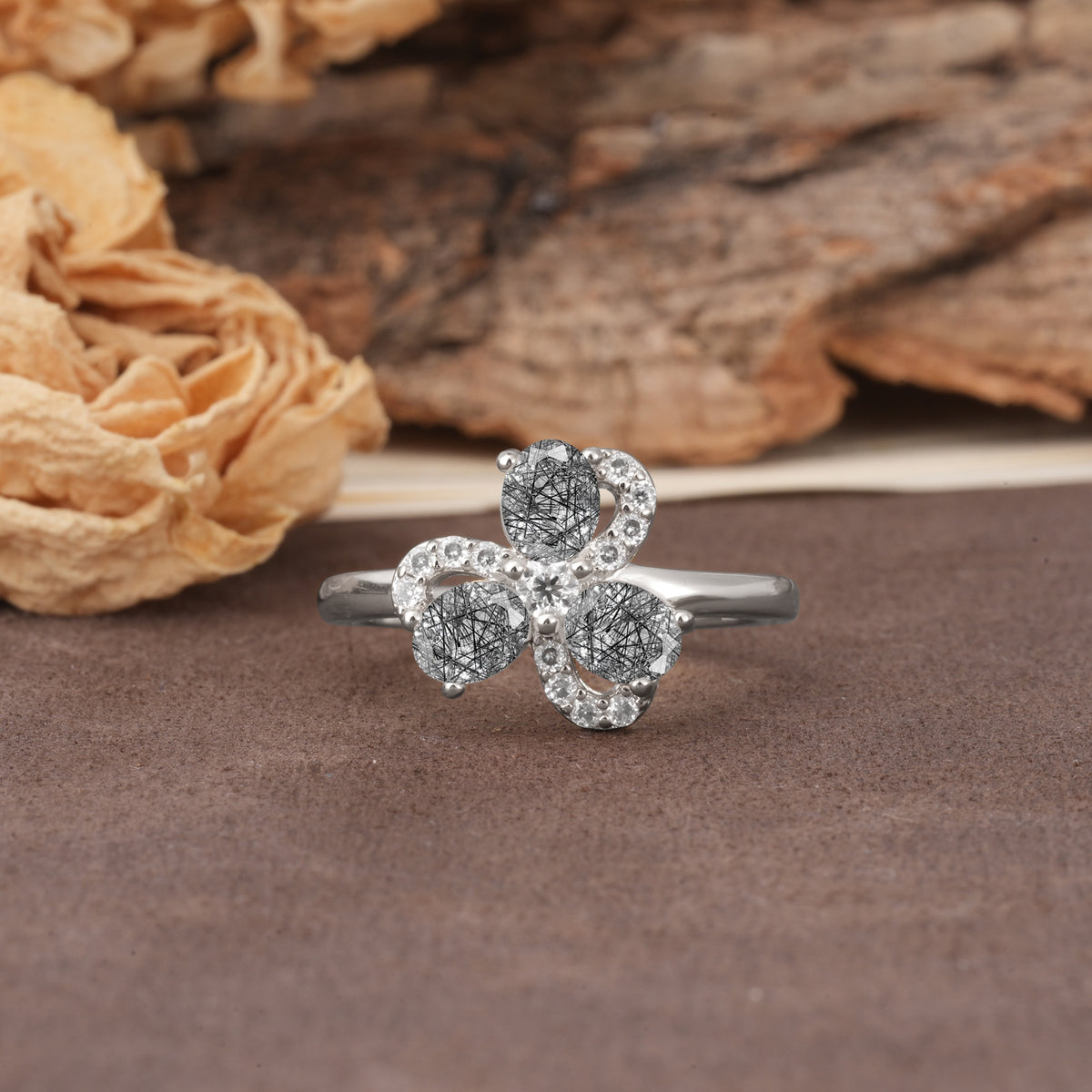 Unique Windmill-Flower Shape, 2-Prong Oval Cut Black Rutilated Quartz Wedding Ring - Additional view
