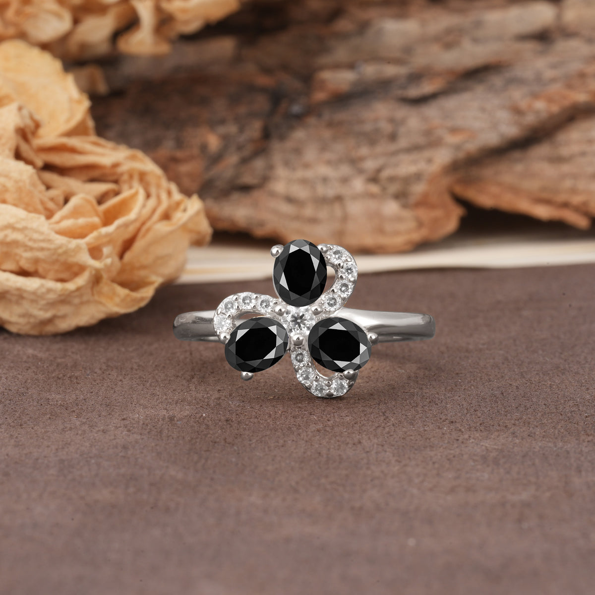 Unique Windmill-Flower Shape, 2-Prong Oval Cut Black Onyx Wedding Ring - Additional view
