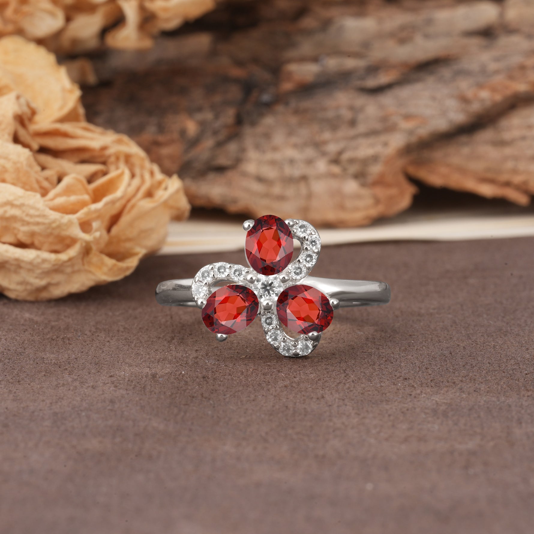 Unique Windmill-Flower Shape, 2-Prong Oval Cut Garnet Wedding Ring - Additional view