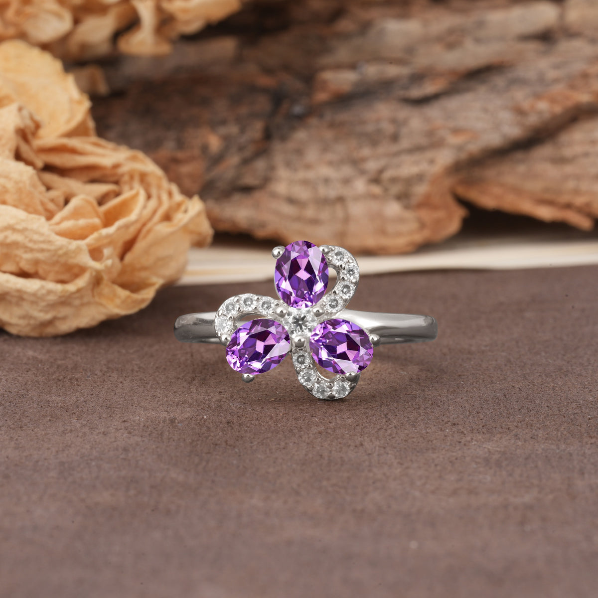 Unique Windmill-Flower Shape, 2-Prong Oval Cut Amethyst Wedding Ring - Additional view
