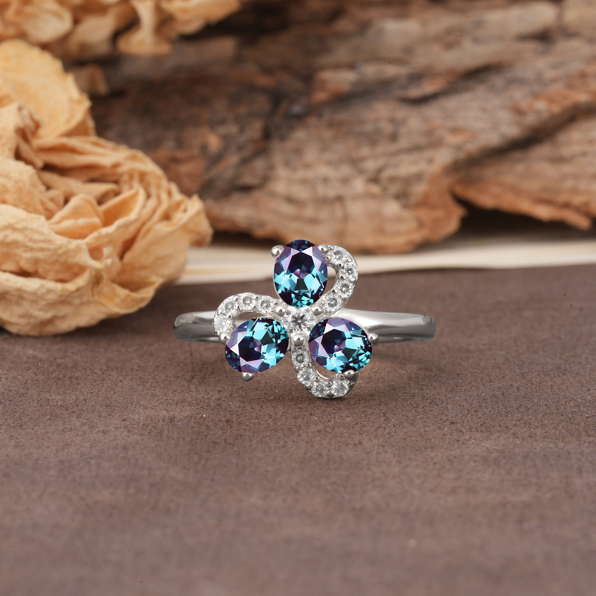 Unique Windmill-Flower Shape, 2-Prong Oval Cut Alexandrite Wedding Ring - Additional view
