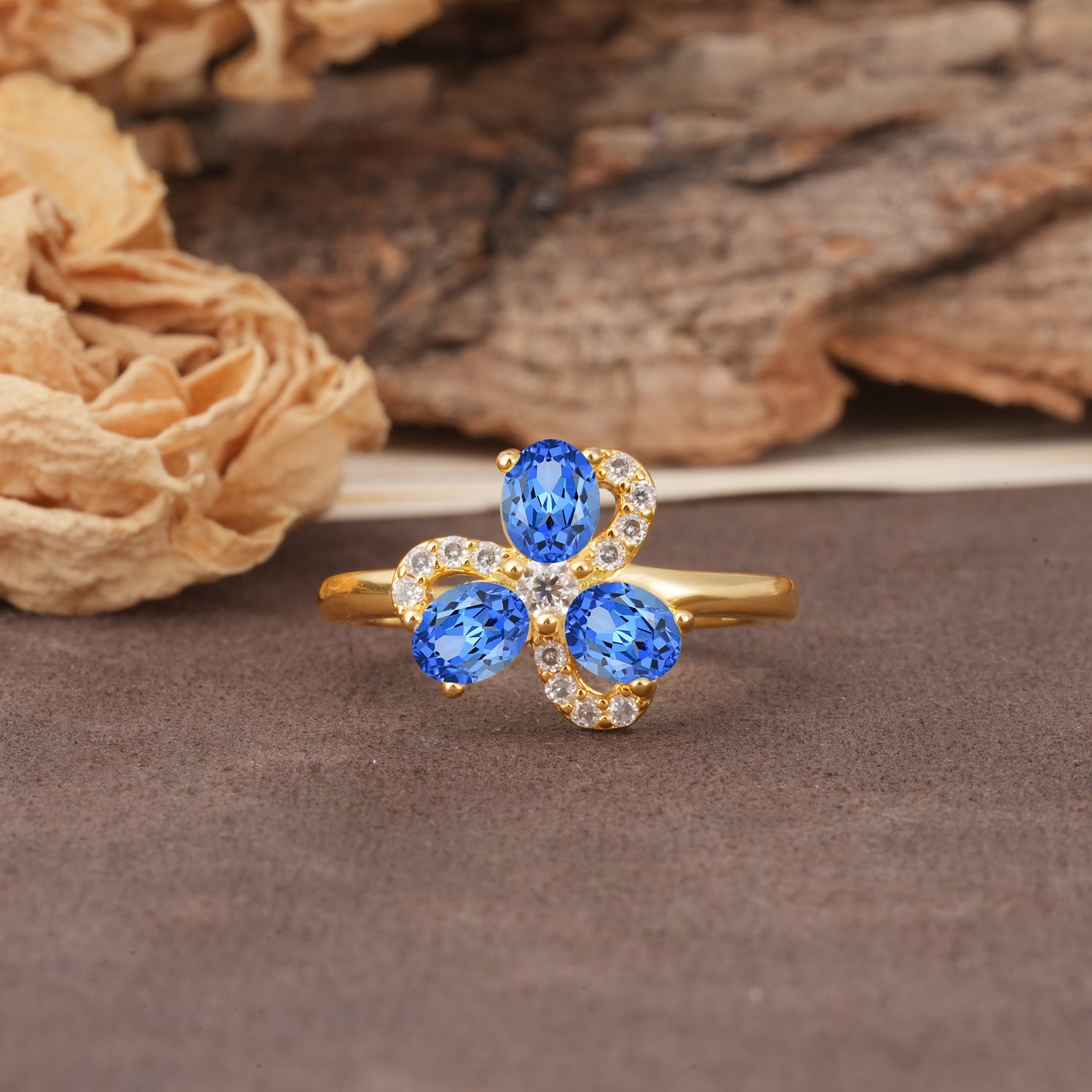 Unique Windmill-Flower Shape, 2-Prong Oval Cut Sapphire Wedding Ring - Additional view