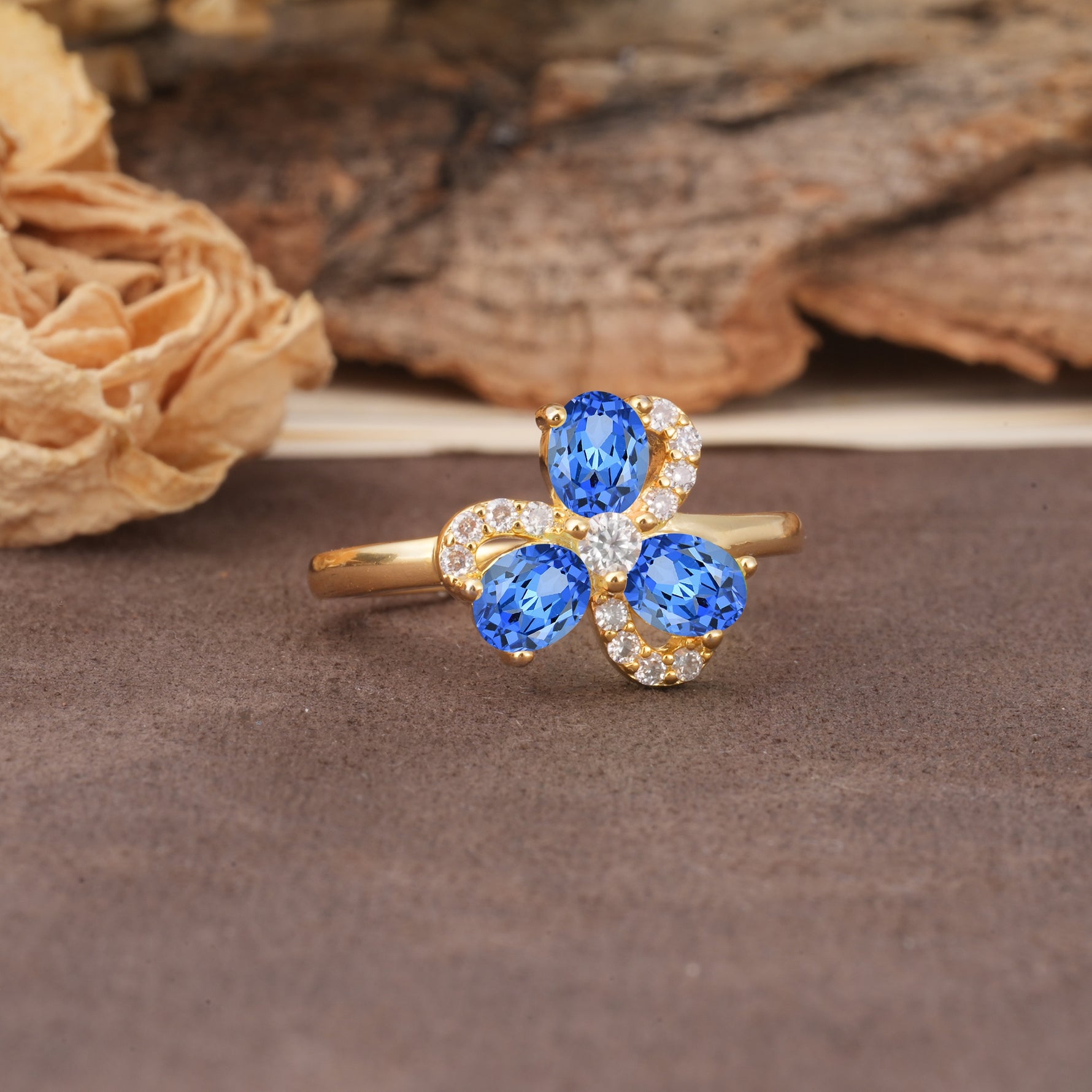 Unique Windmill-Flower Shape, 2-Prong Oval Cut Sapphire Wedding Ring - Additional view