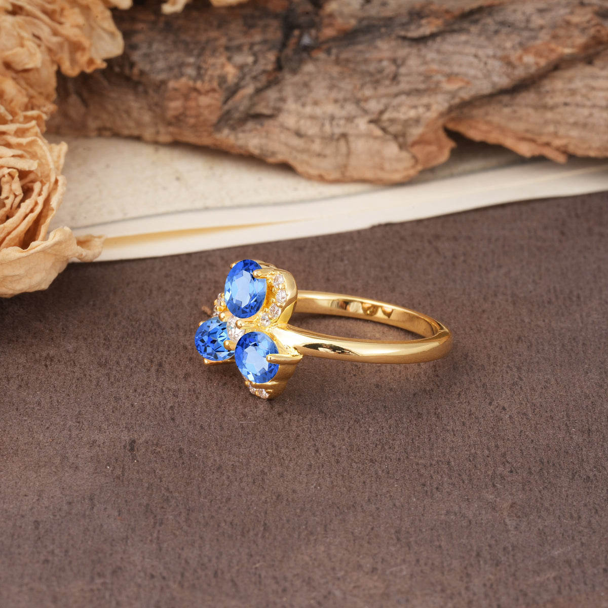 Unique Windmill-Flower Shape, 2-Prong Oval Cut Sapphire Wedding Ring - Additional view