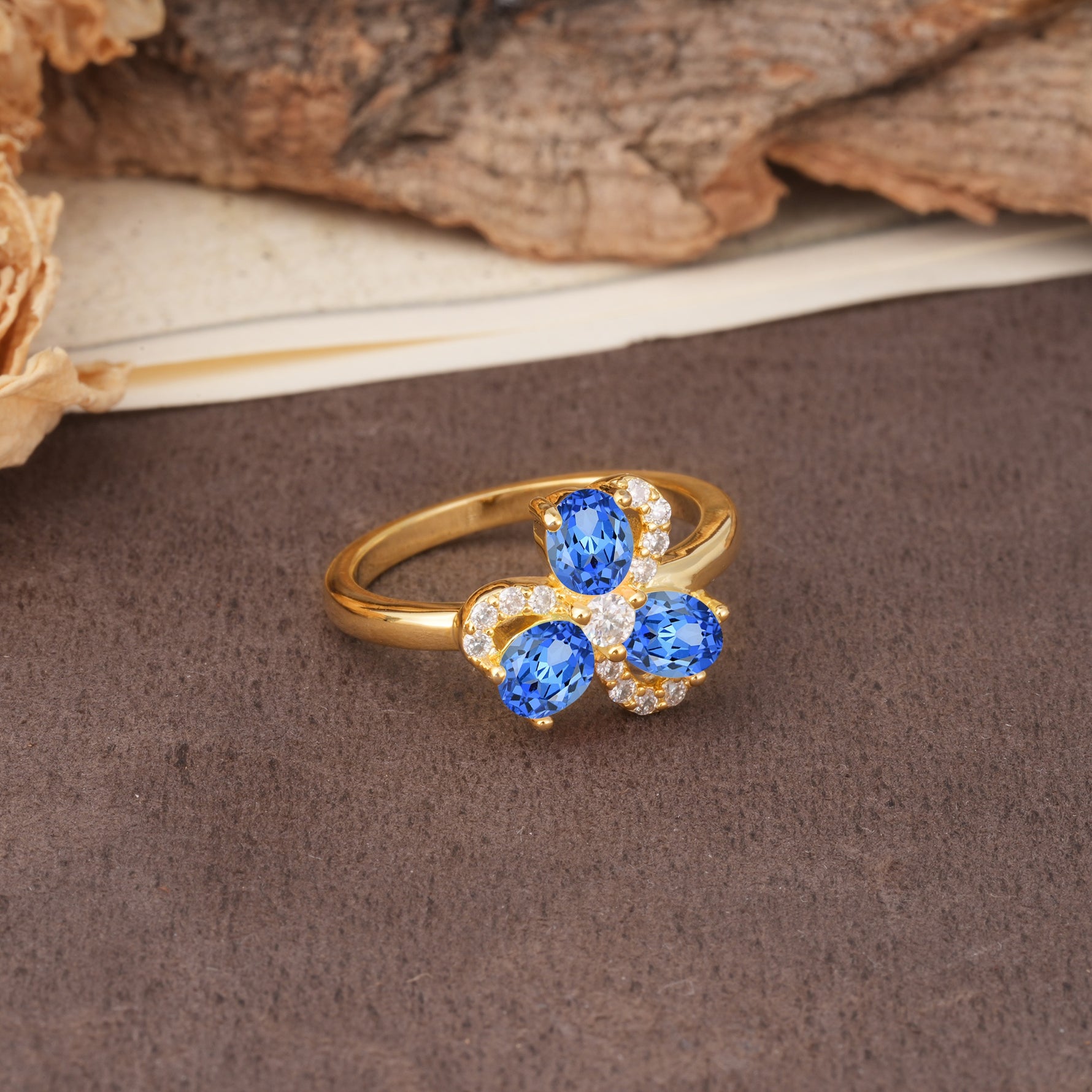 Unique Windmill-Flower Shape, 2-Prong Oval Cut Sapphire Wedding Ring - Additional view