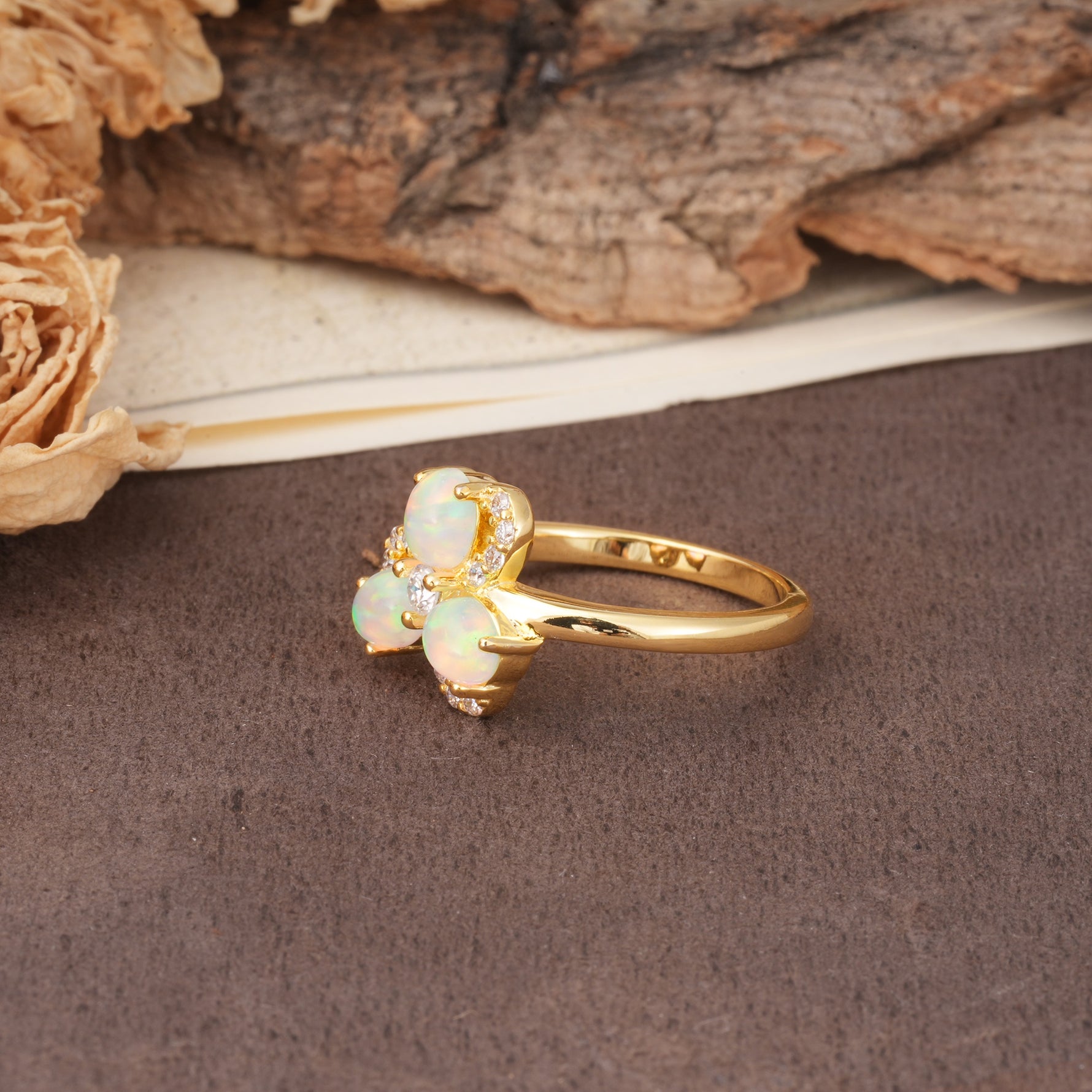Unique Windmill-Flower Shape, 2-Prong Oval Cut Fire Opal Wedding Ring - Additional view
