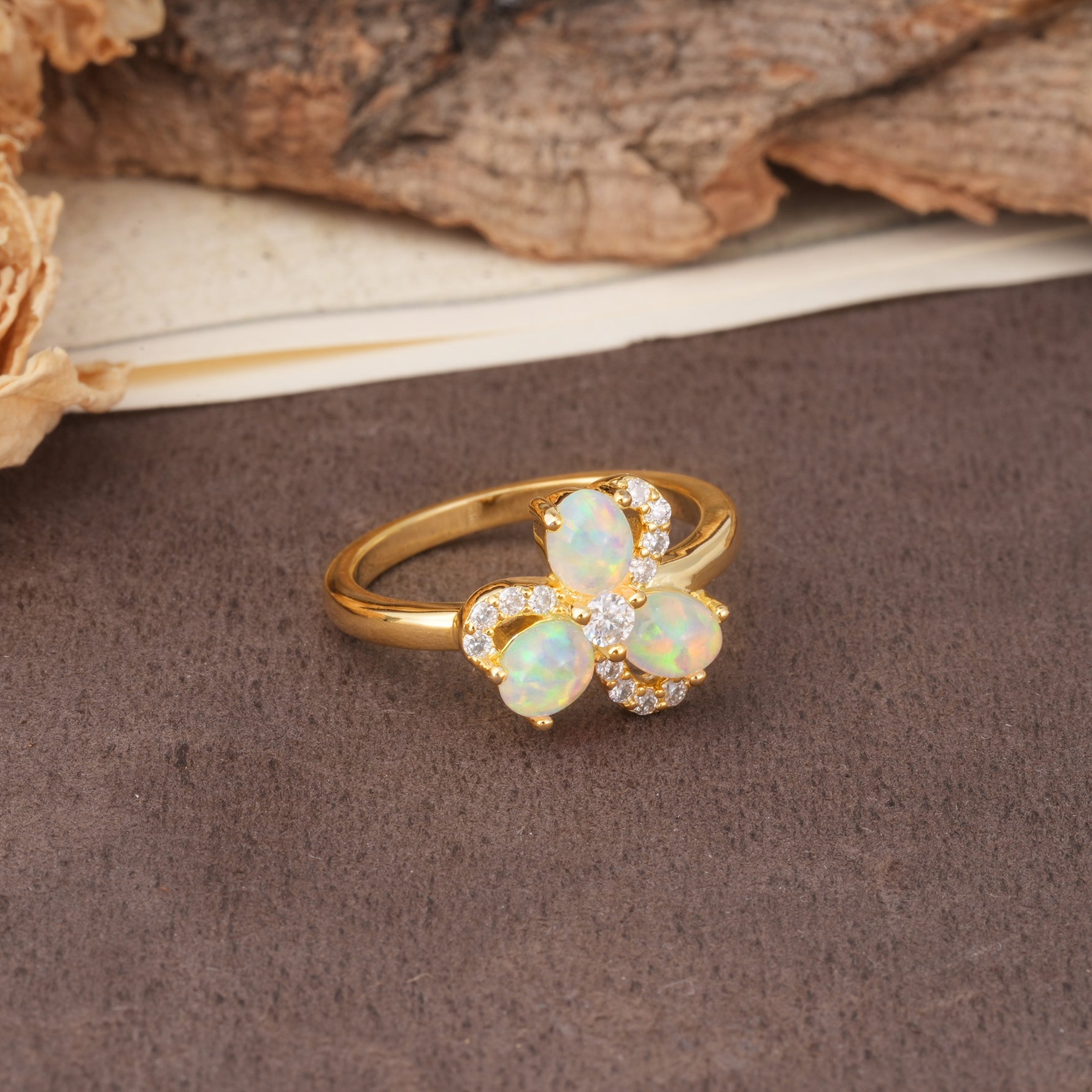 Unique Windmill-Flower Shape, 2-Prong Oval Cut Fire Opal Wedding Ring - Additional view