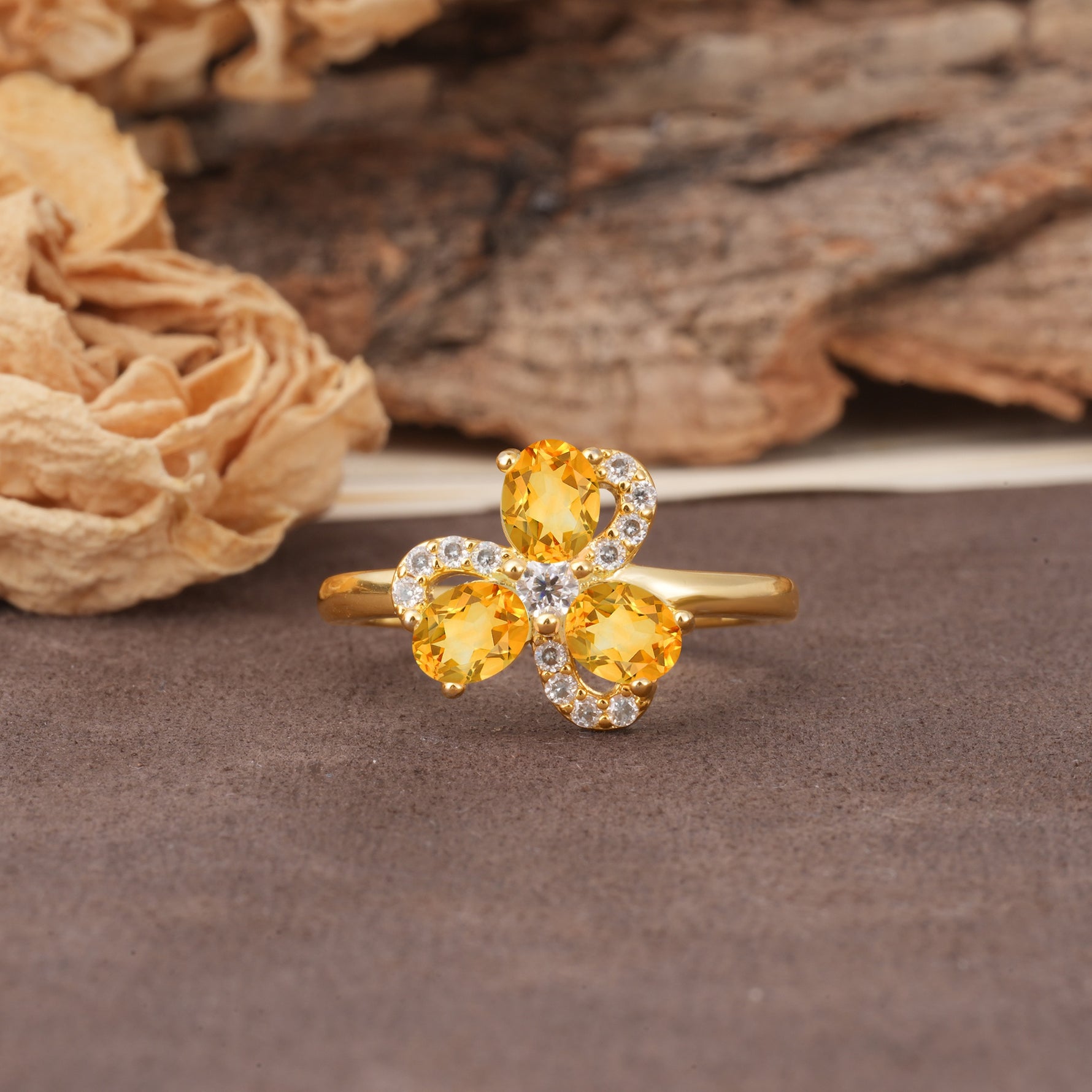 Unique Windmill-Flower Shape, 2-Prong Oval Cut Citrine Wedding Ring - Additional view