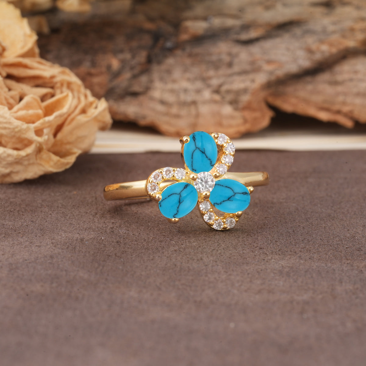 Unique Windmill-Flower Shape, 2-Prong Oval Cut Turquoise Wedding Ring - Additional view