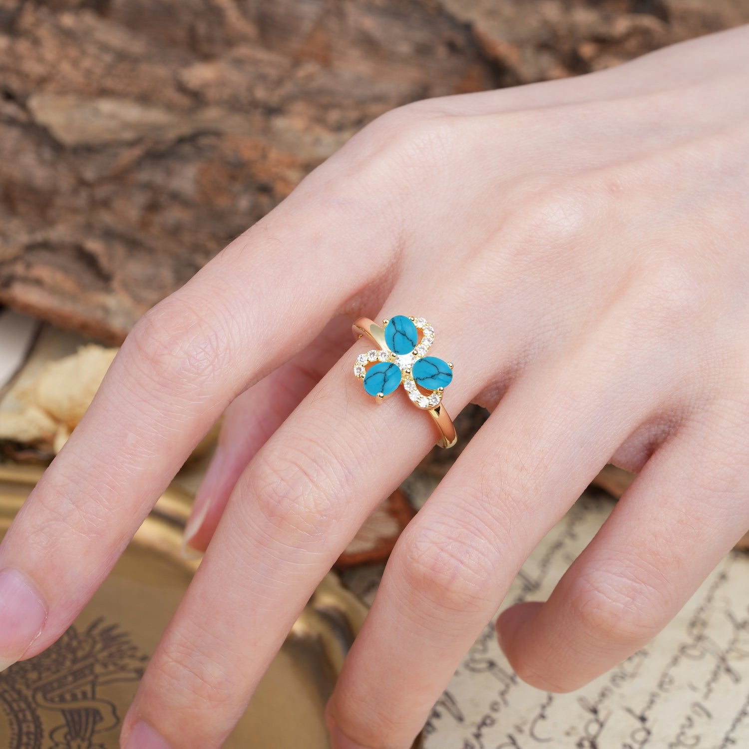Unique Windmill-Flower Shape, 2-Prong Oval Cut Turquoise Wedding Ring - Additional view