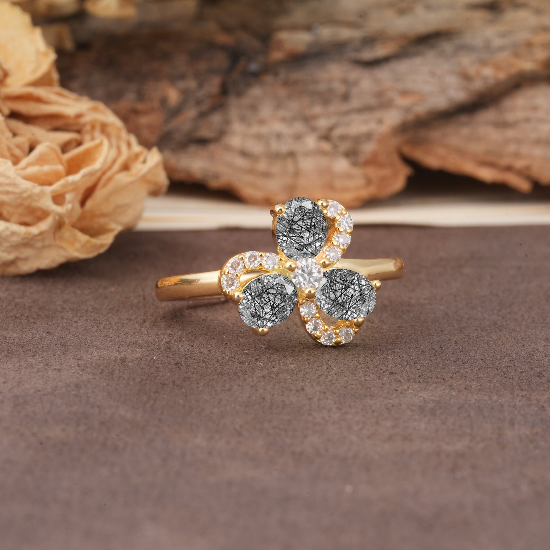 Unique Windmill-Flower Shape, 2-Prong Oval Cut Black Rutilated Quartz Wedding Ring - Additional view