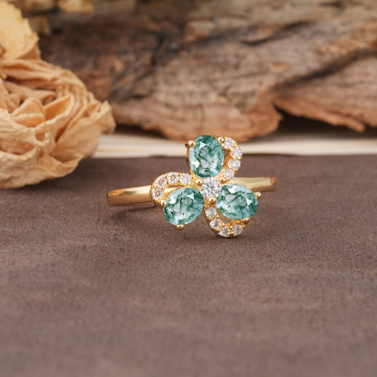 Unique Windmill-Flower Shape, 2-Prong Oval Cut Moss Agate Wedding Ring - Additional view