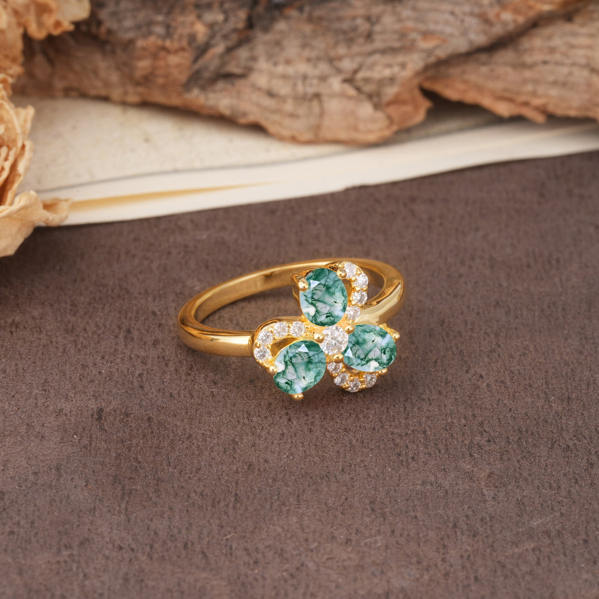 Unique Windmill-Flower Shape, 2-Prong Oval Cut Moss Agate Wedding Ring - Additional view