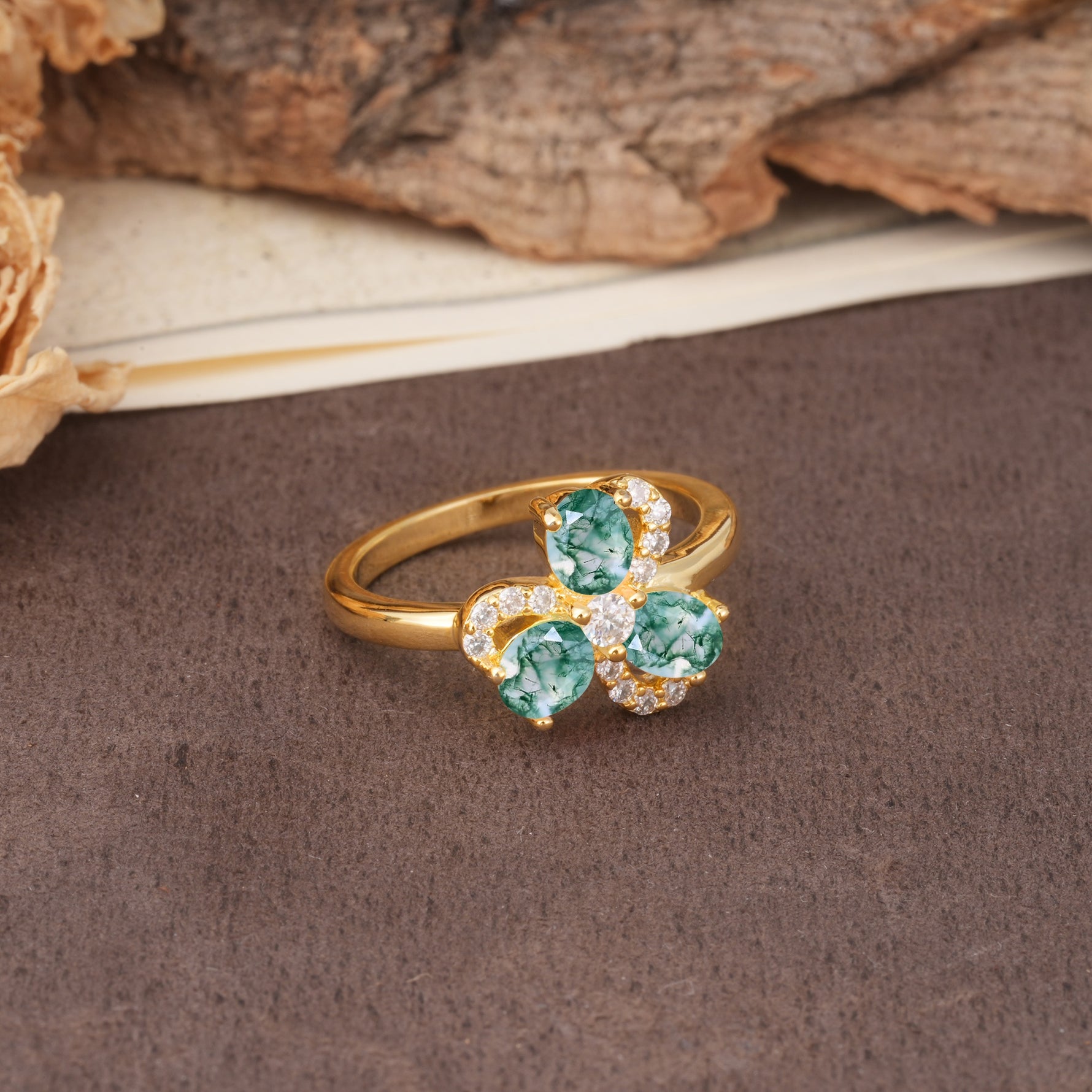 Unique Windmill-Flower Shape, 2-Prong Oval Cut Moss Agate Wedding Ring - Additional view