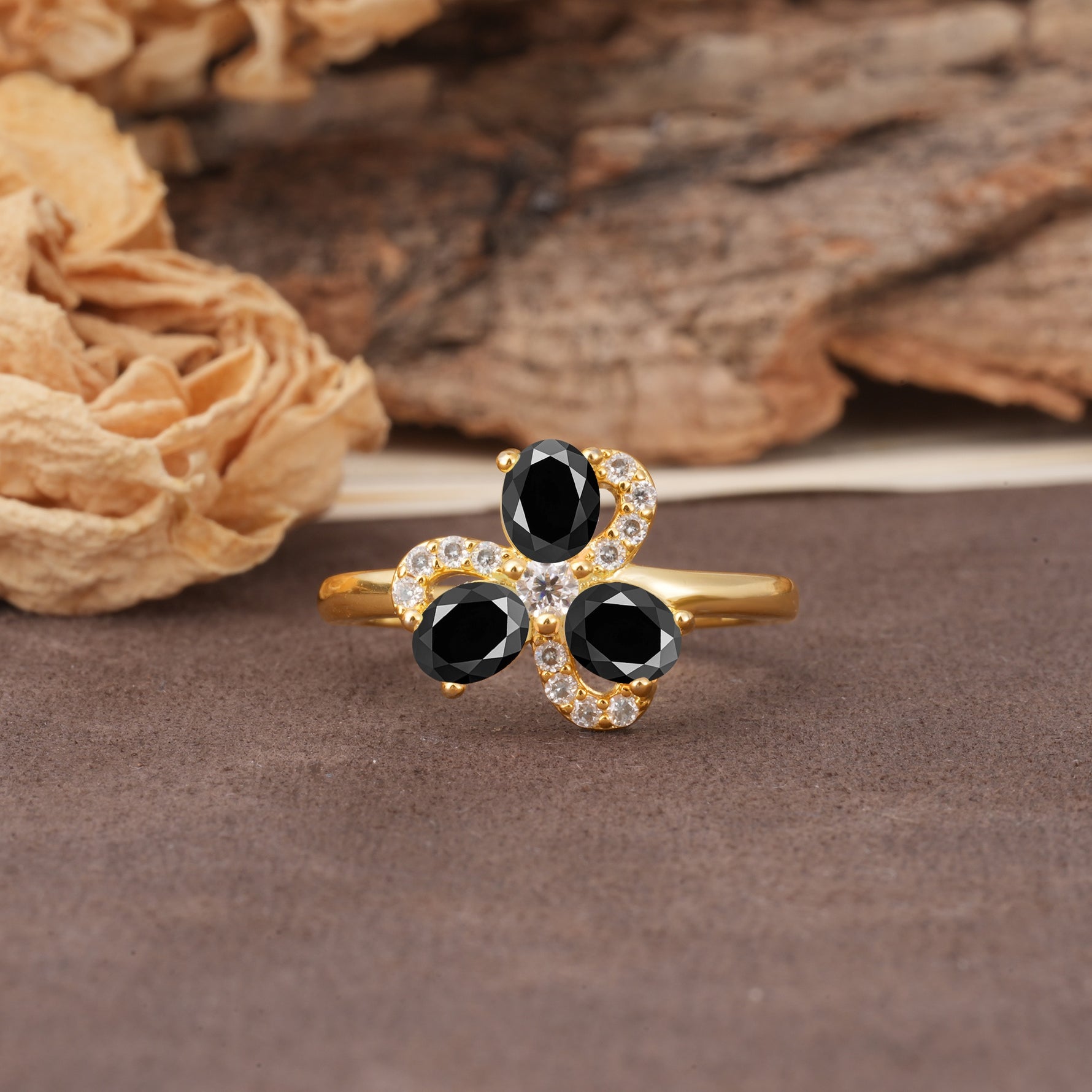 Unique Windmill-Flower Shape, 2-Prong Oval Cut Black Onyx Wedding Ring - Additional view
