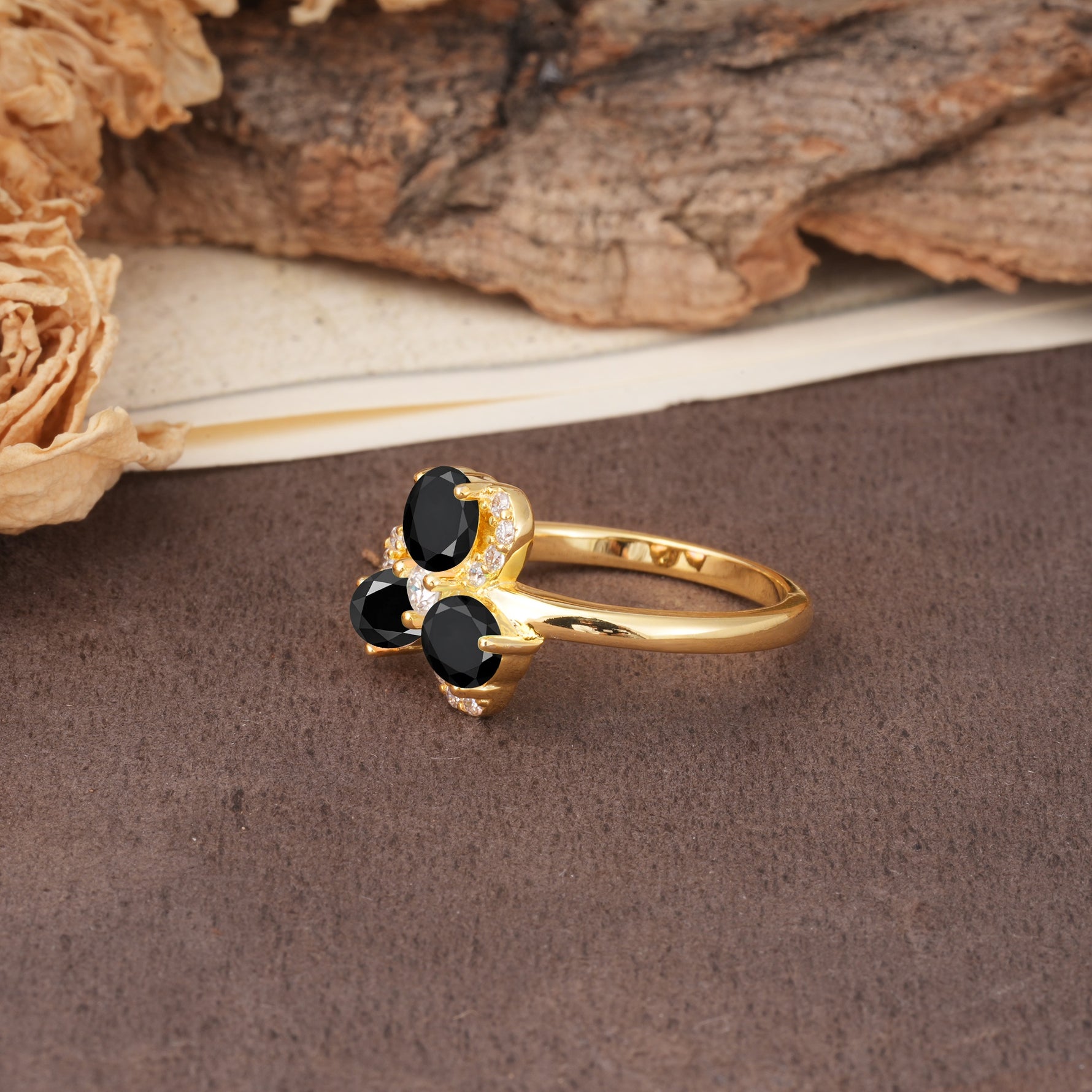 Unique Windmill-Flower Shape, 2-Prong Oval Cut Black Onyx Wedding Ring - Additional view
