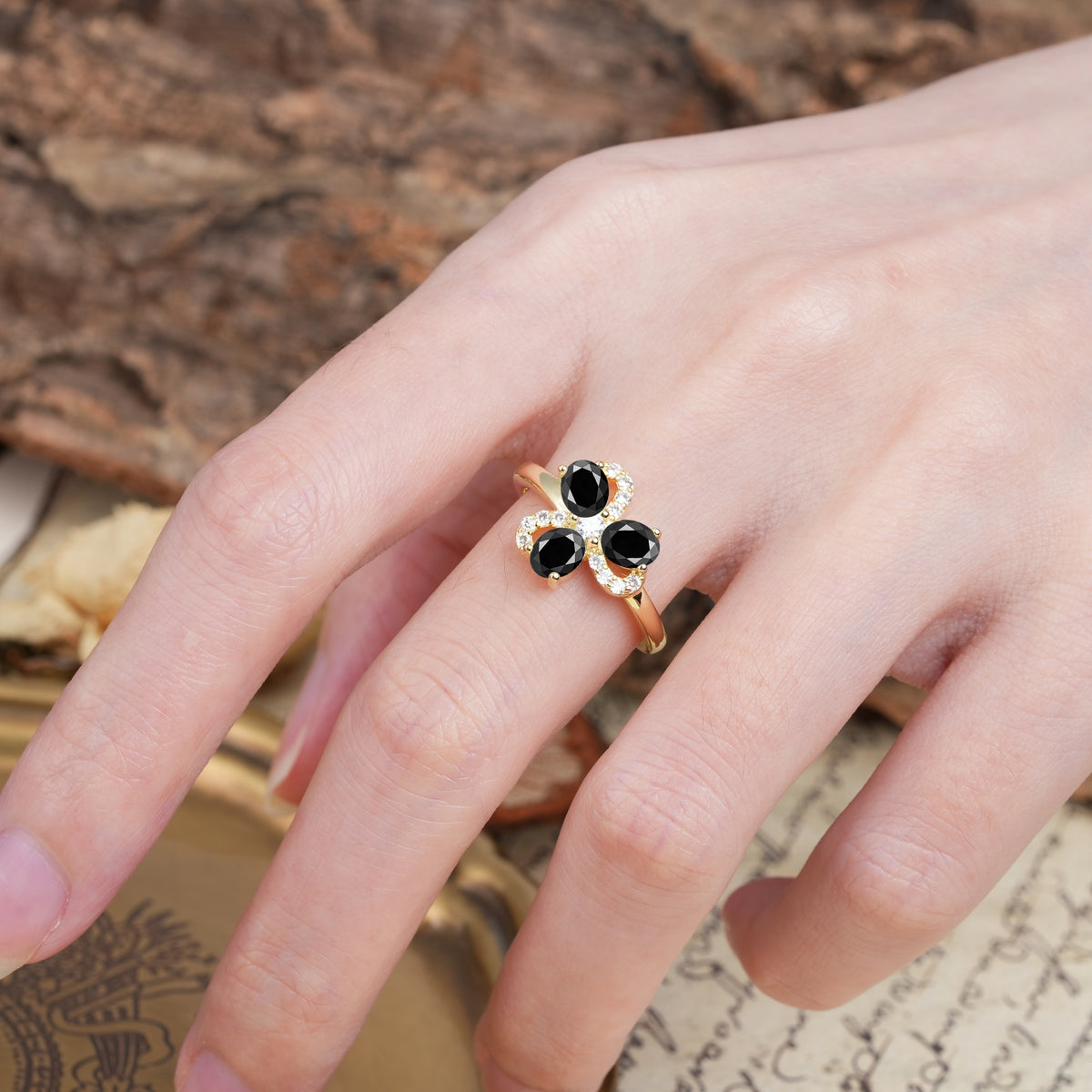 Unique Windmill-Flower Shape, 2-Prong Oval Cut Black Onyx Wedding Ring - Additional view