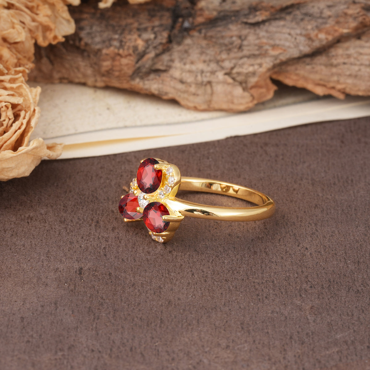 Unique Windmill-Flower Shape, 2-Prong Oval Cut Garnet Wedding Ring - Additional view