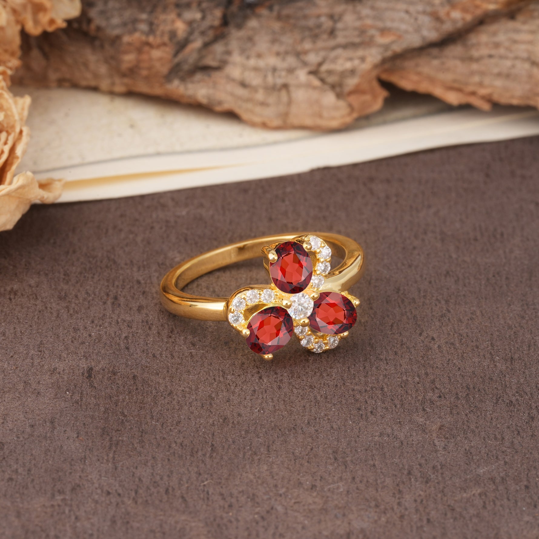 Unique Windmill-Flower Shape, 2-Prong Oval Cut Garnet Wedding Ring - Additional view