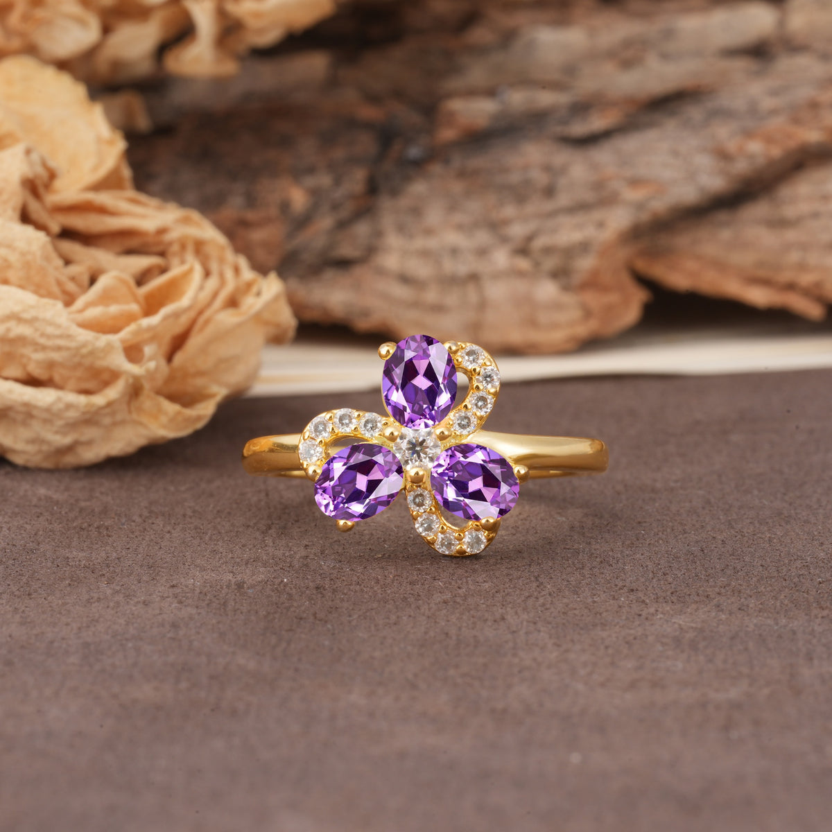 Unique Windmill-Flower Shape, 2-Prong Oval Cut Amethyst Wedding Ring - Additional view