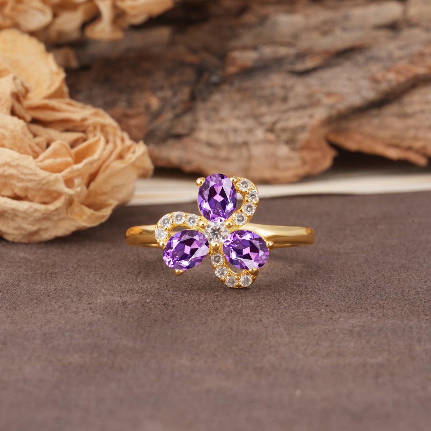 Unique Windmill-Flower Shape, 2-Prong Oval Cut Amethyst Wedding Ring - Additional view