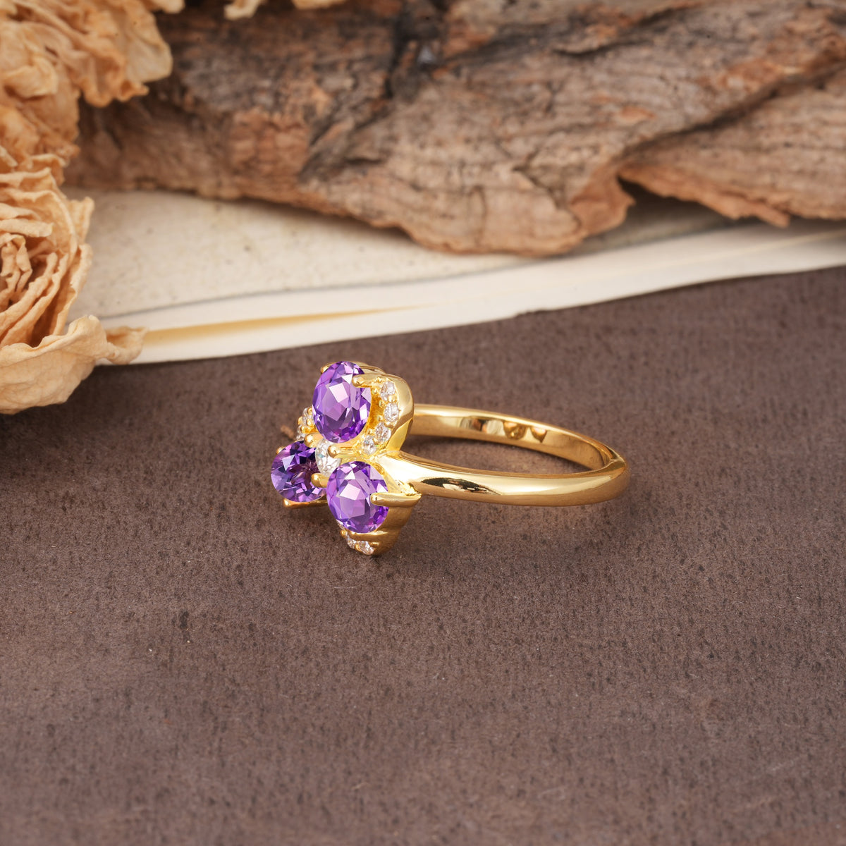 Unique Windmill-Flower Shape, 2-Prong Oval Cut Amethyst Wedding Ring - Additional view