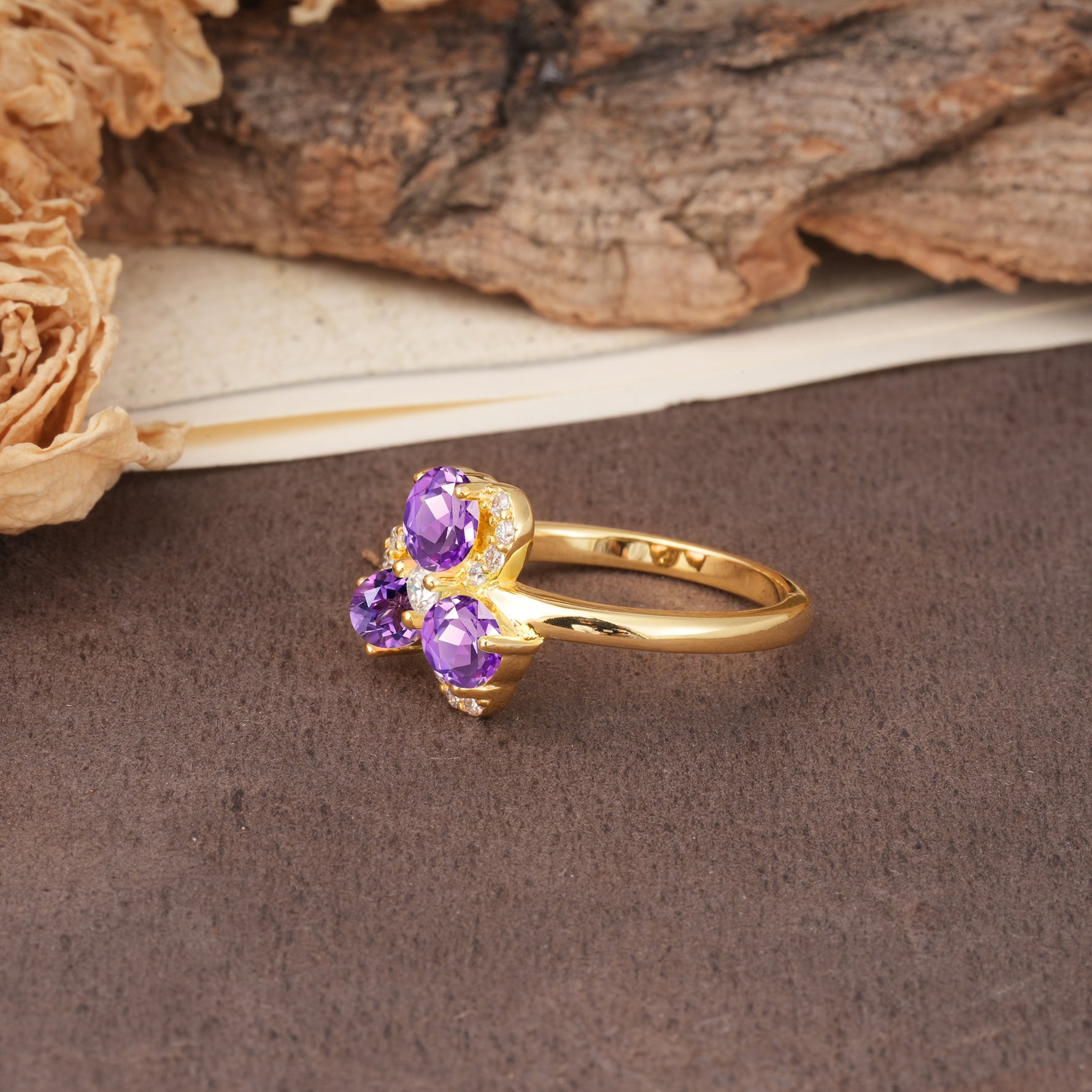 Unique Windmill-Flower Shape, 2-Prong Oval Cut Amethyst Wedding Ring - Additional view