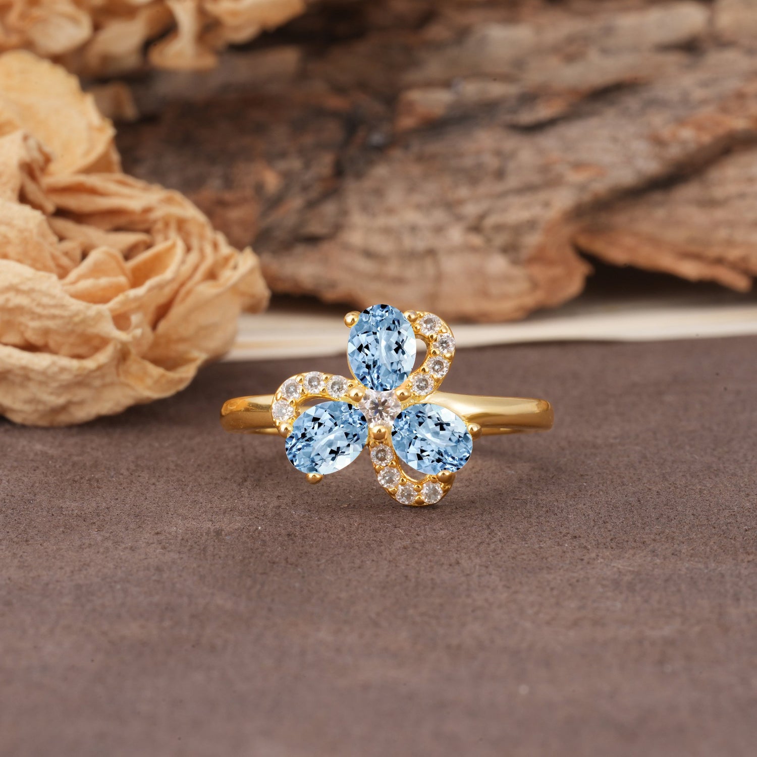 Unique Windmill-Flower Shape, 2-Prong Oval Cut Aquamarine Wedding Ring