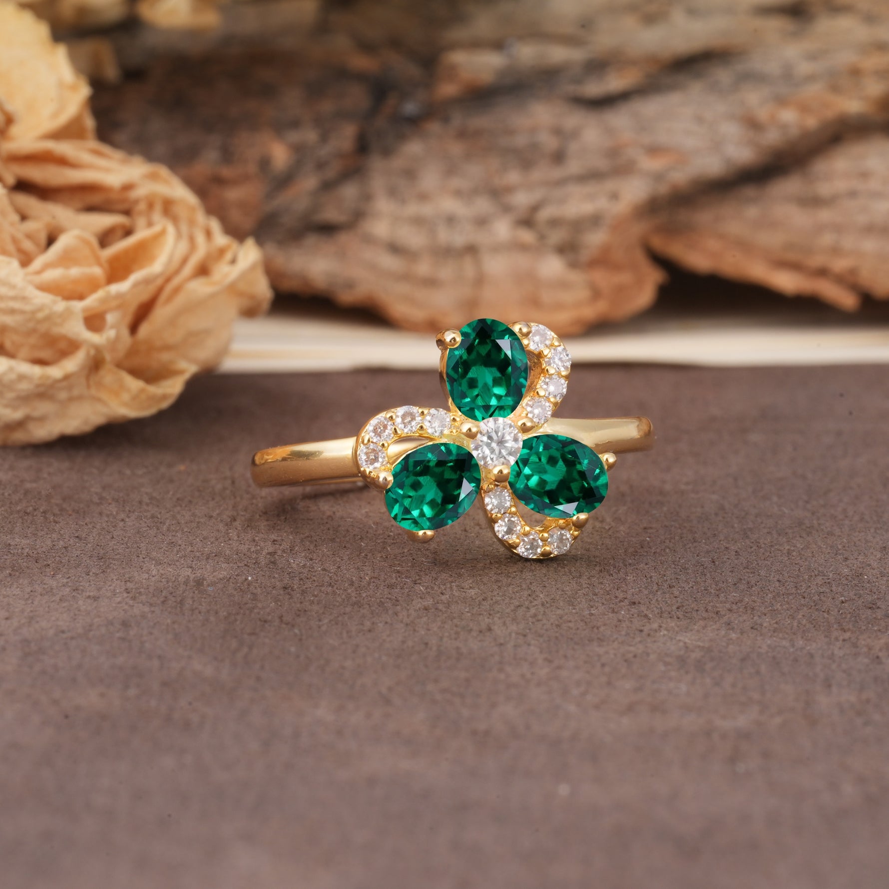 Unique Windmill-Flower Shape, 2-Prong Oval Cut Emerald Wedding Ring - Additional view