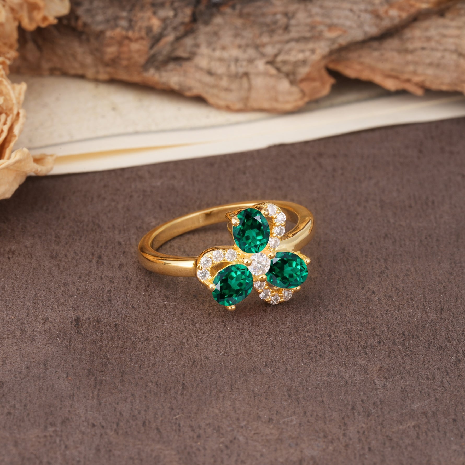 Unique Windmill-Flower Shape, 2-Prong Oval Cut Emerald Wedding Ring - Additional view