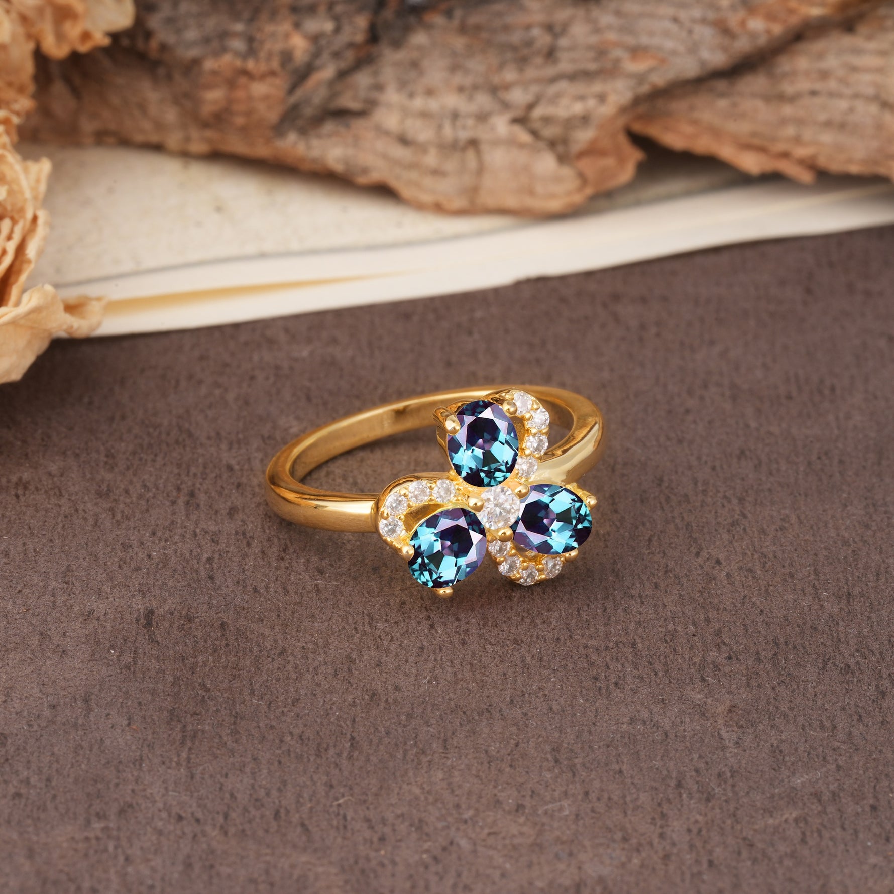 Unique Windmill-Flower Shape, 2-Prong Oval Cut Alexandrite Wedding Ring - Additional view