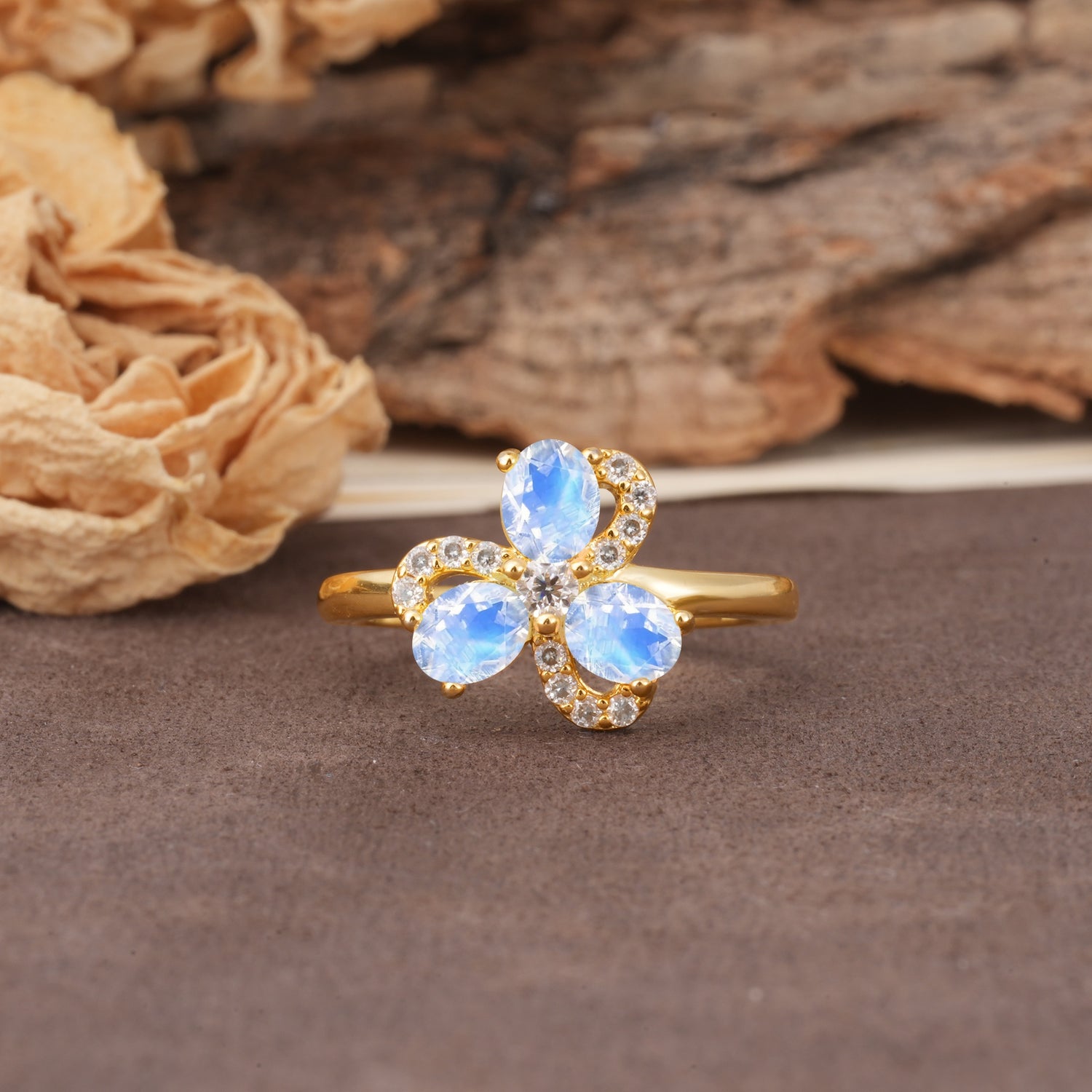 Unique Windmill-Flower Shape, 2-Prong Oval Cut Moonstone Wedding Ring - Additional view