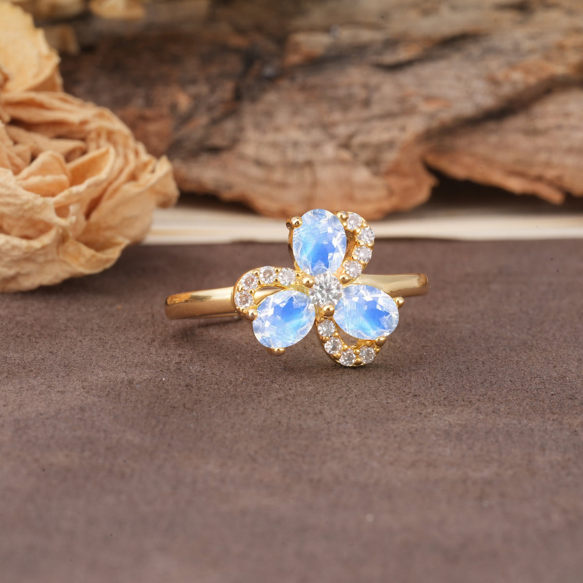 Unique Windmill-Flower Shape, 2-Prong Oval Cut Moonstone Wedding Ring - Additional view