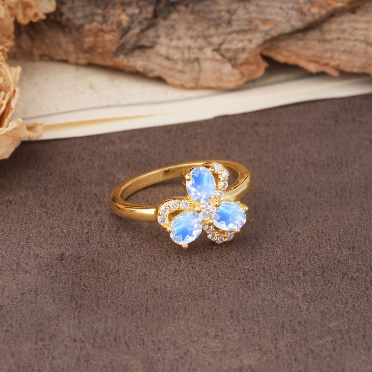 Unique Windmill-Flower Shape, 2-Prong Oval Cut Moonstone Wedding Ring - Additional view