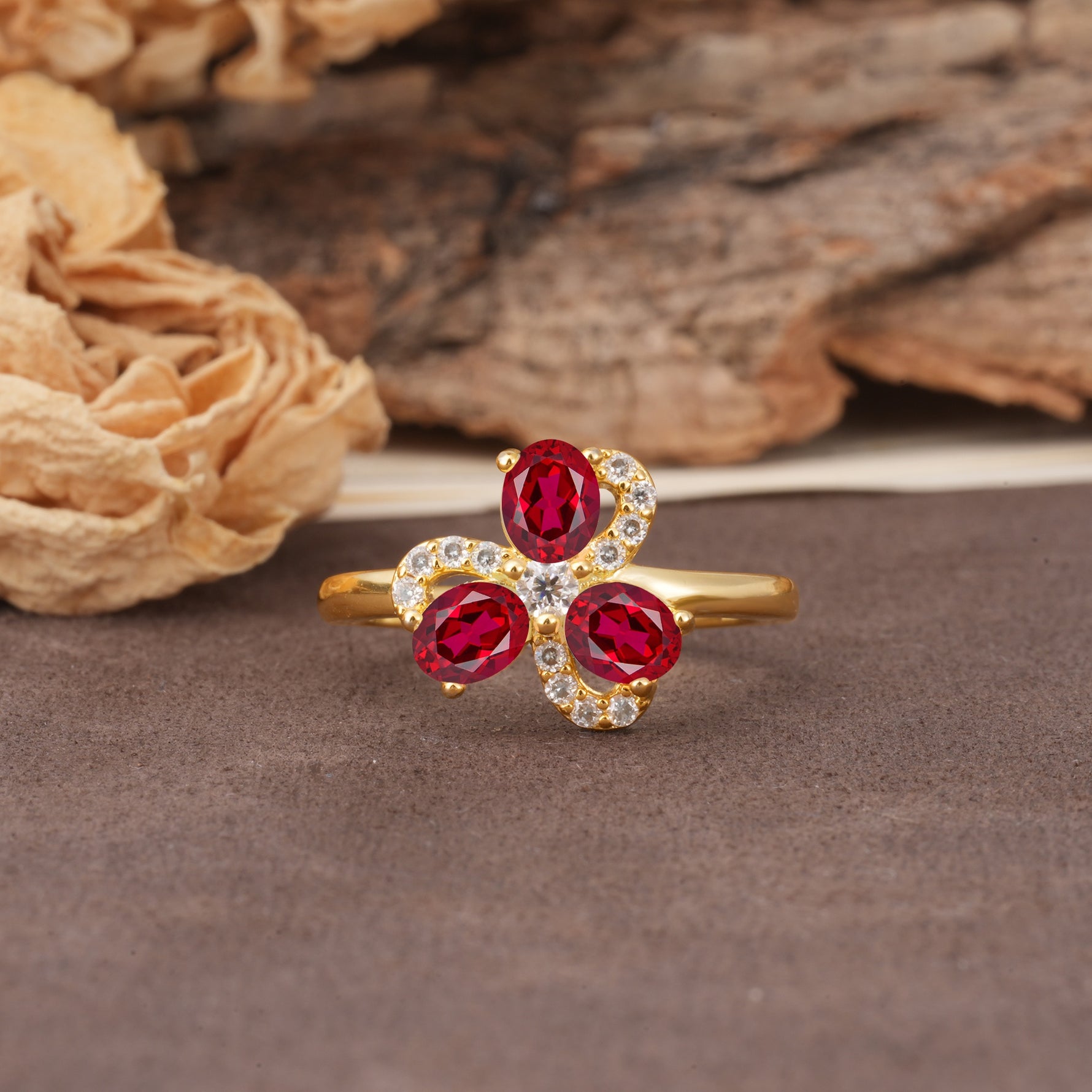 Unique Windmill-Flower Shape, 2-Prong Oval Cut Ruby Wedding Ring - Additional view