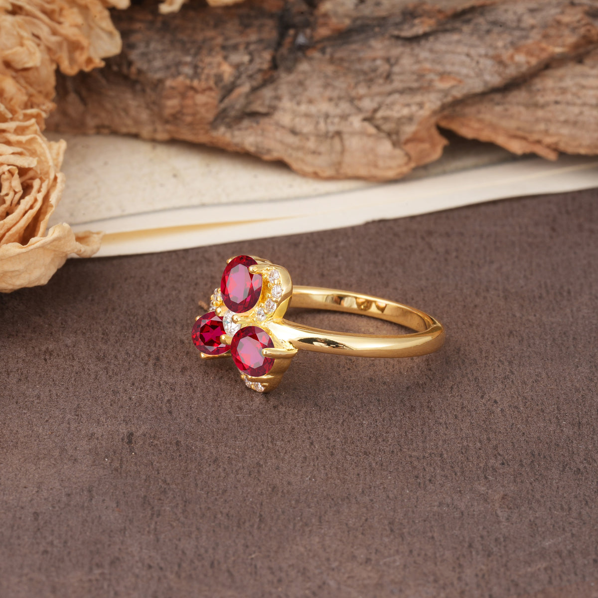 Unique Windmill-Flower Shape, 2-Prong Oval Cut Ruby Wedding Ring - Additional view