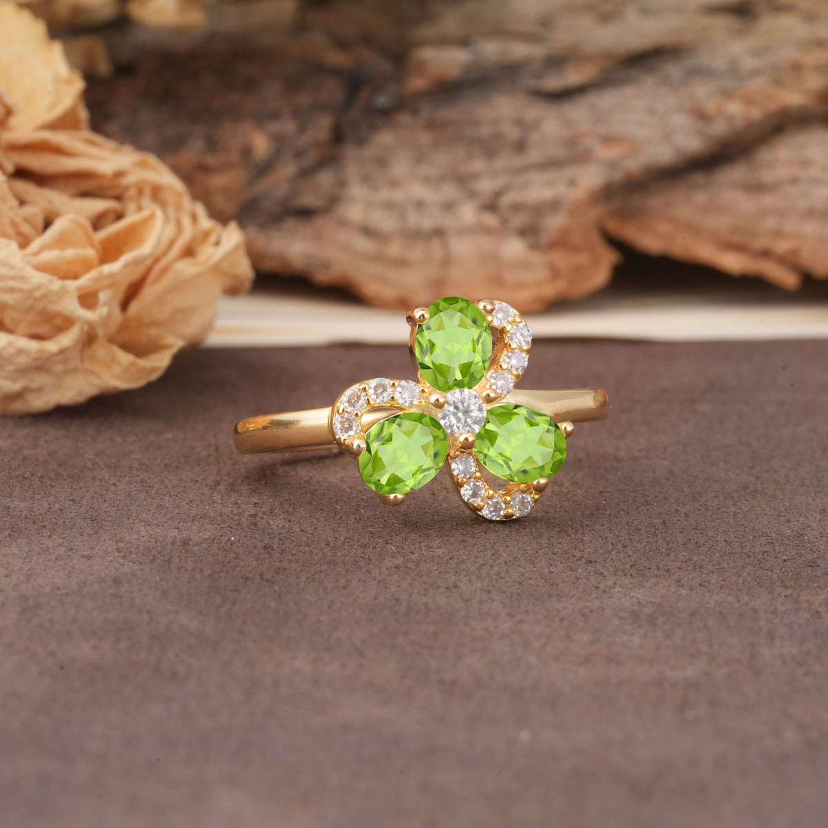 Unique Windmill-Flower Shape, 2-Prong Oval Cut Peridot Wedding Ring - Additional view