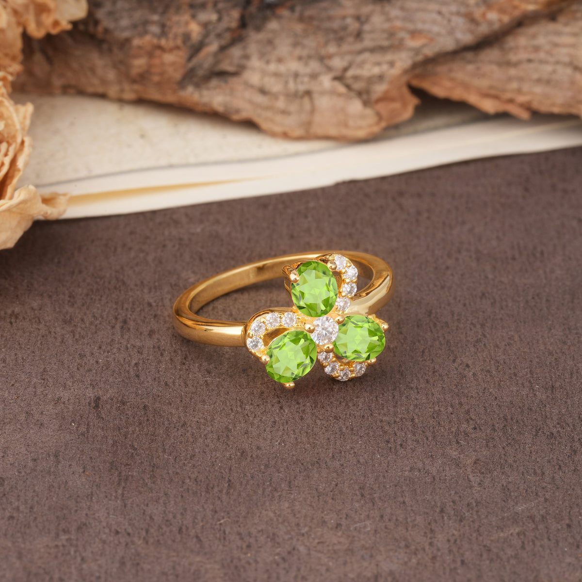 Unique Windmill-Flower Shape, 2-Prong Oval Cut Peridot Wedding Ring - Additional view