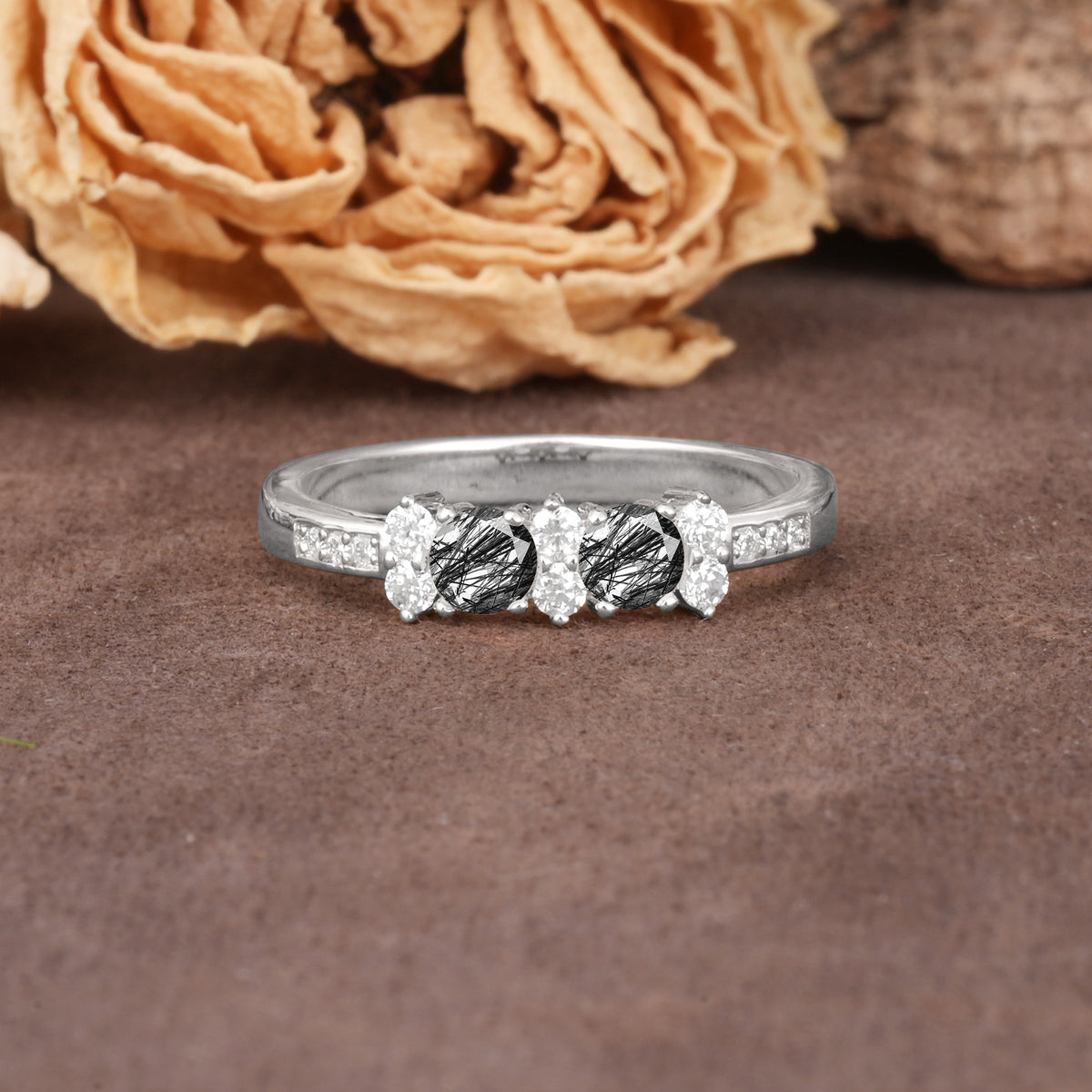 Unique and Luxurious 4-Prong Round Cut Black Rutilated Quartz Wedding Ring - Additional view