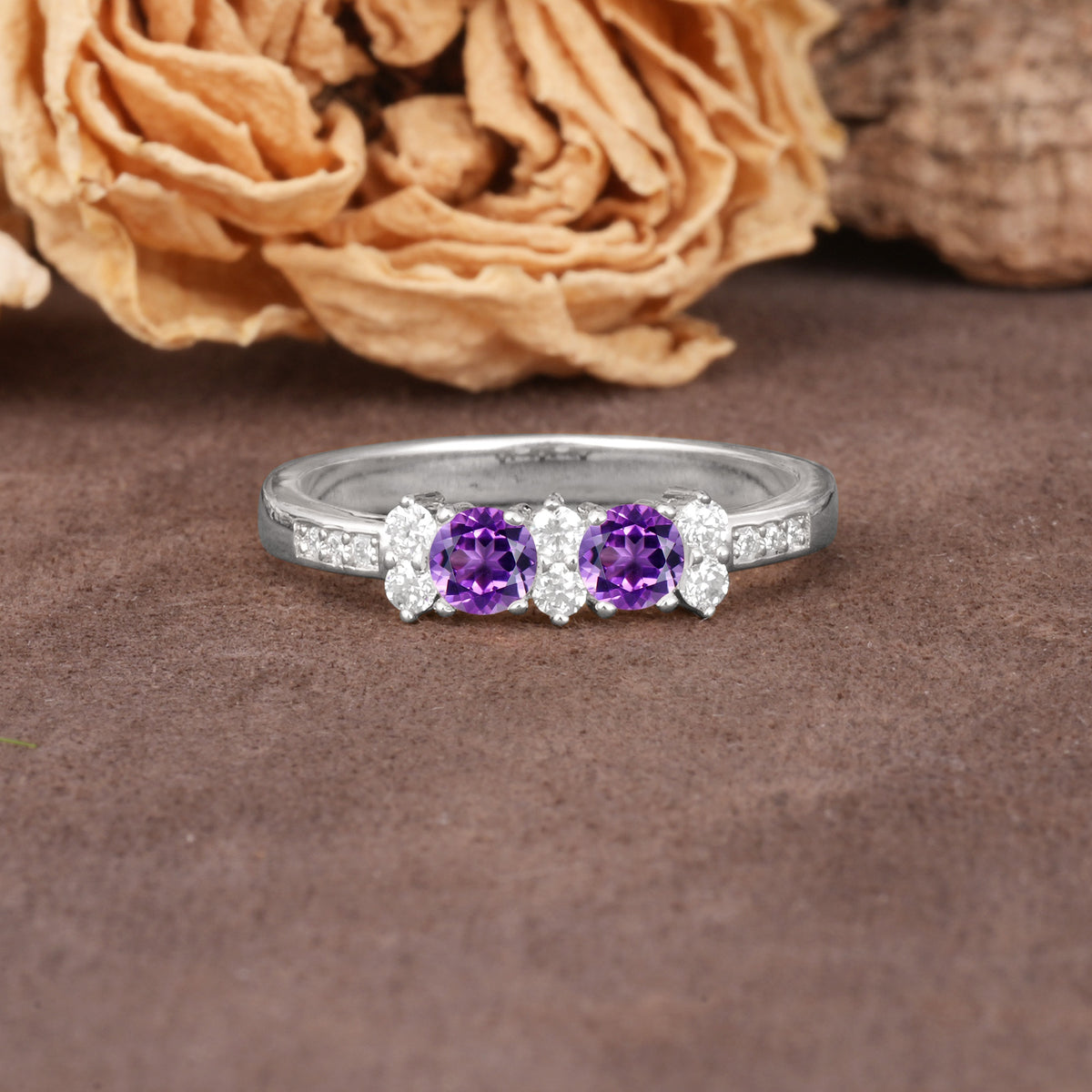Unique and Luxurious 4-Prong Round Cut Amethyst Wedding Ring - Additional view