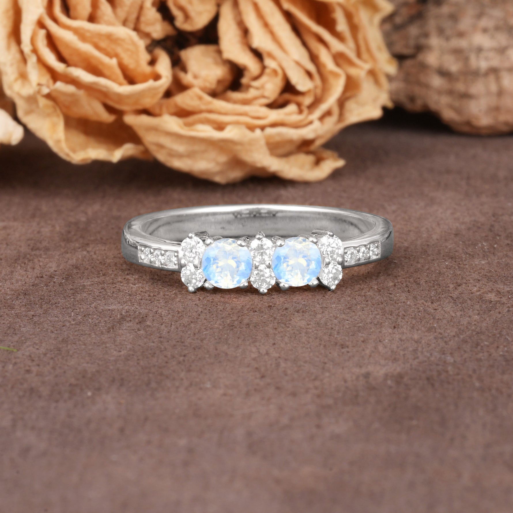 Unique and Luxurious 4-Prong Round Cut Moonstone Wedding Ring - Additional view