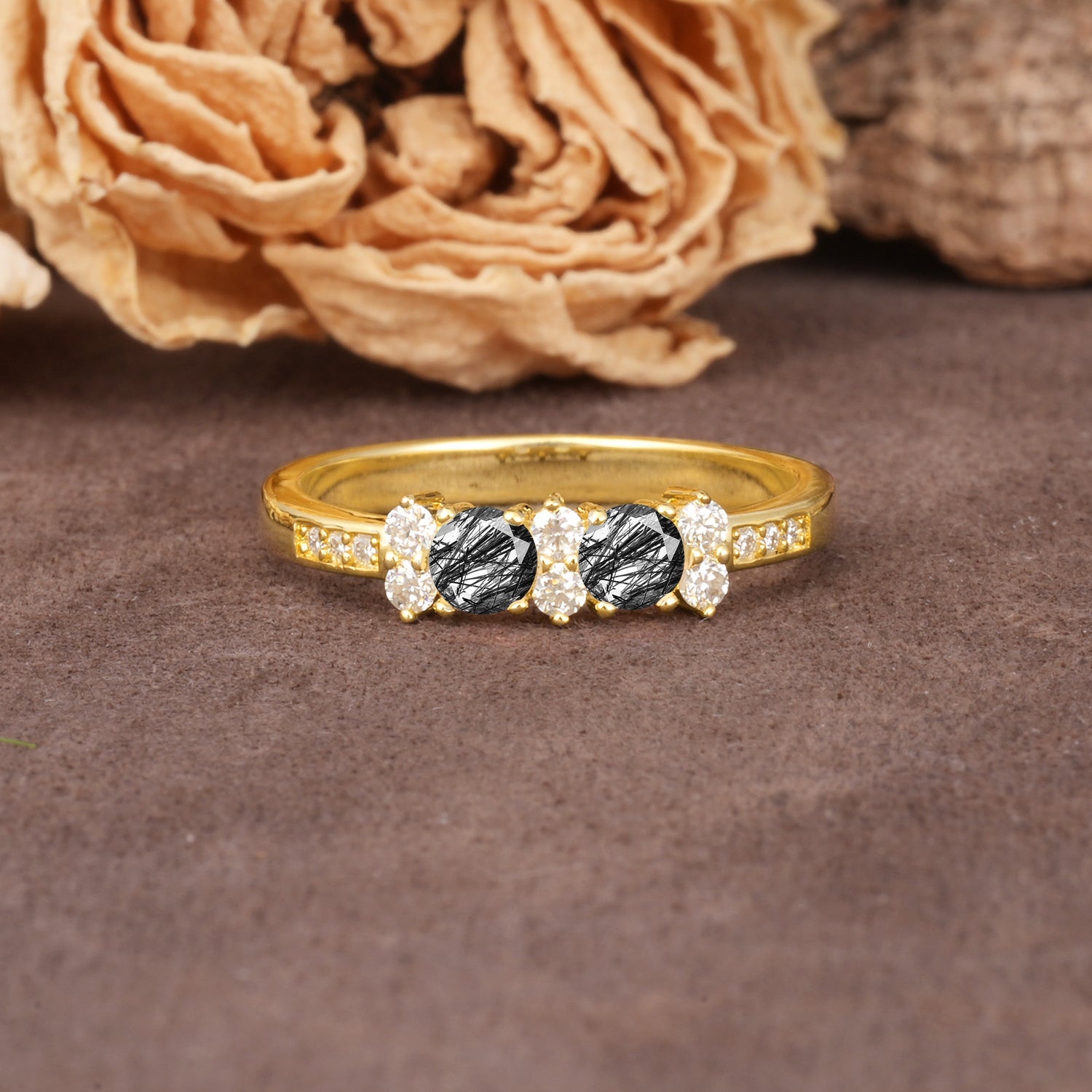 Unique and Luxurious 4-Prong Round Cut Black Rutilated Quartz Wedding Ring - Additional view