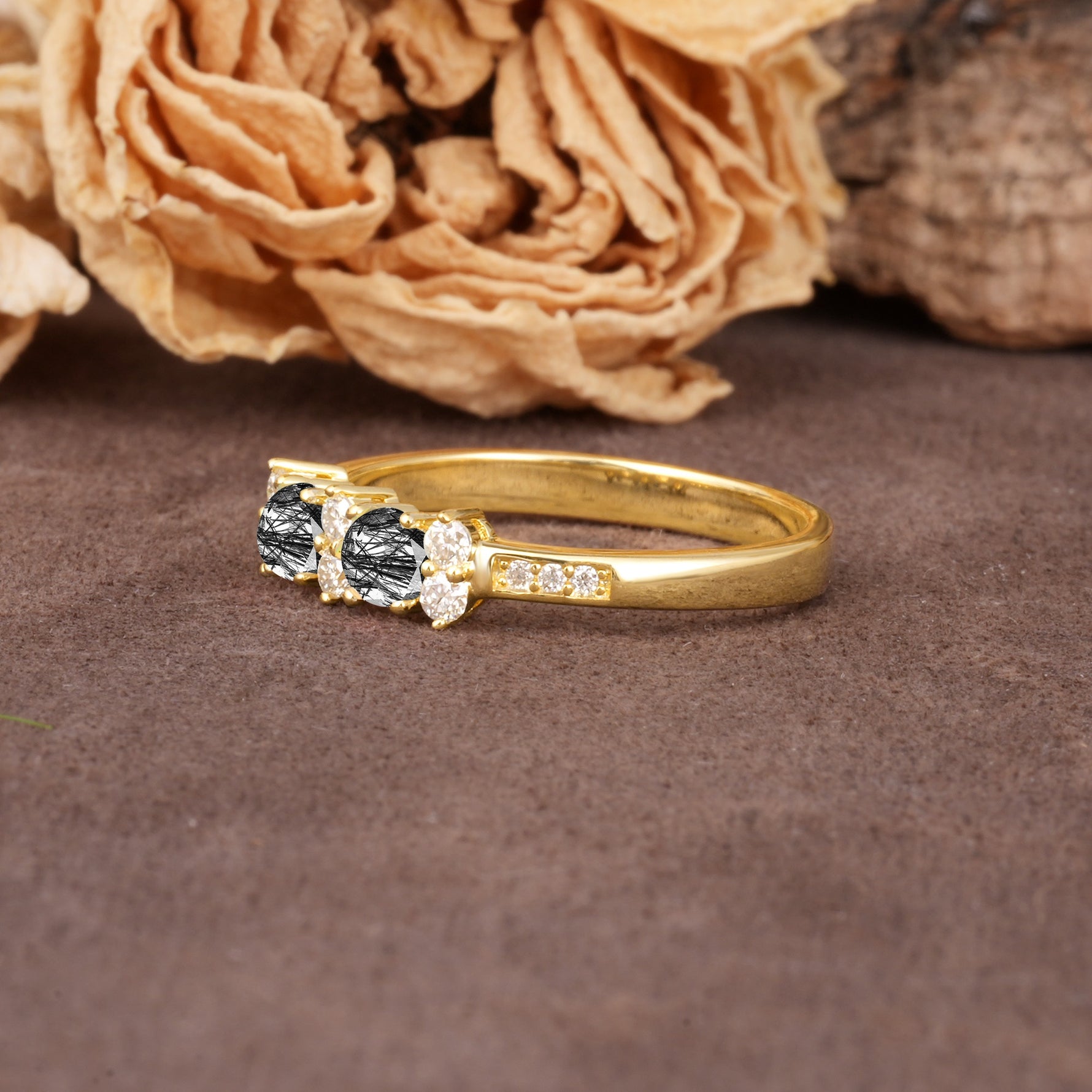 Unique and Luxurious 4-Prong Round Cut Black Rutilated Quartz Wedding Ring - Additional view