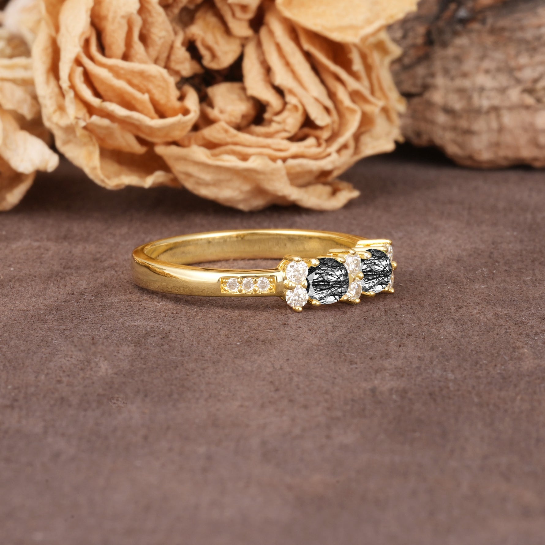 Unique and Luxurious 4-Prong Round Cut Black Rutilated Quartz Wedding Ring - Additional view