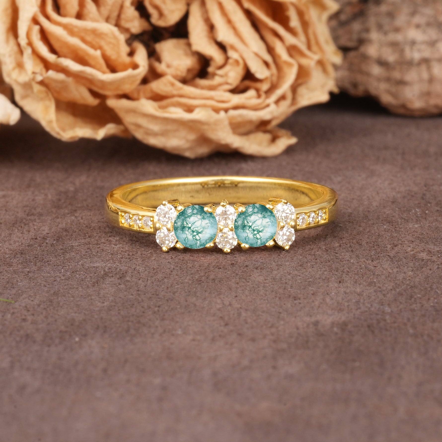 Unique and Luxurious 4-Prong Round Cut Moss Agate Wedding Ring - Additional view